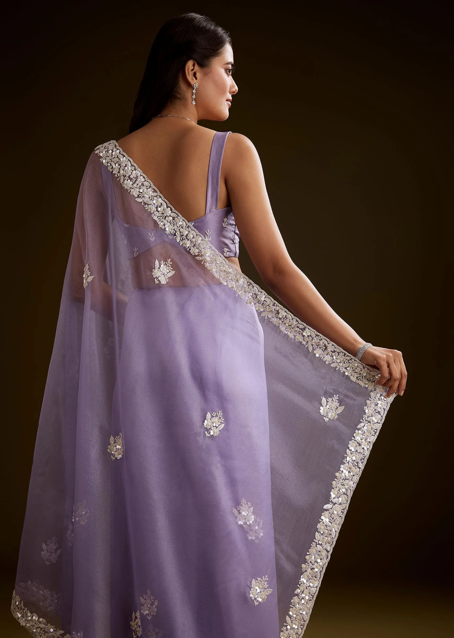 Violet Tissue Saree With Floral Embroidery And Scallop Border - Image 4