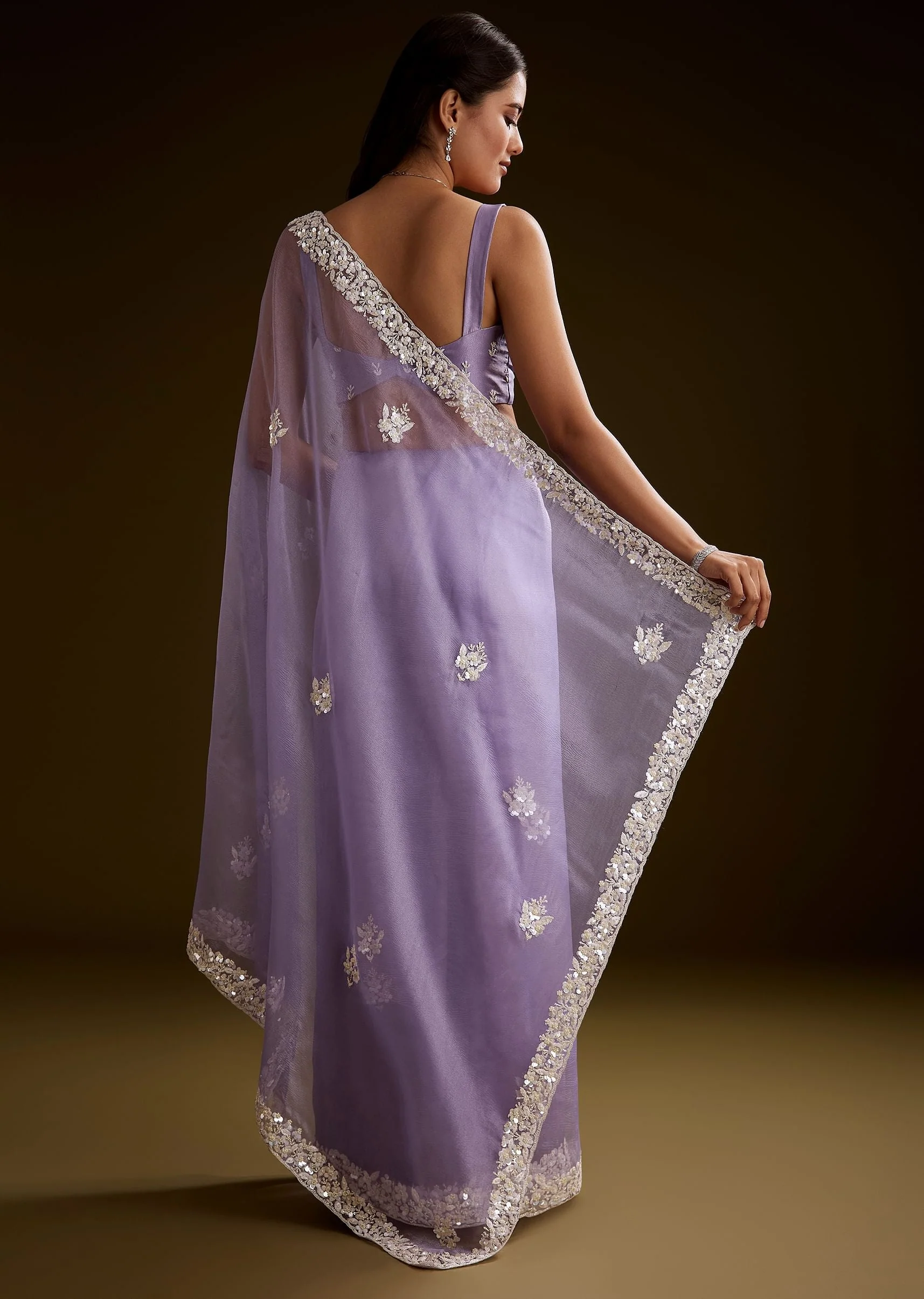 Violet Tissue Saree With Floral Embroidery And Scallop Border - Image 6