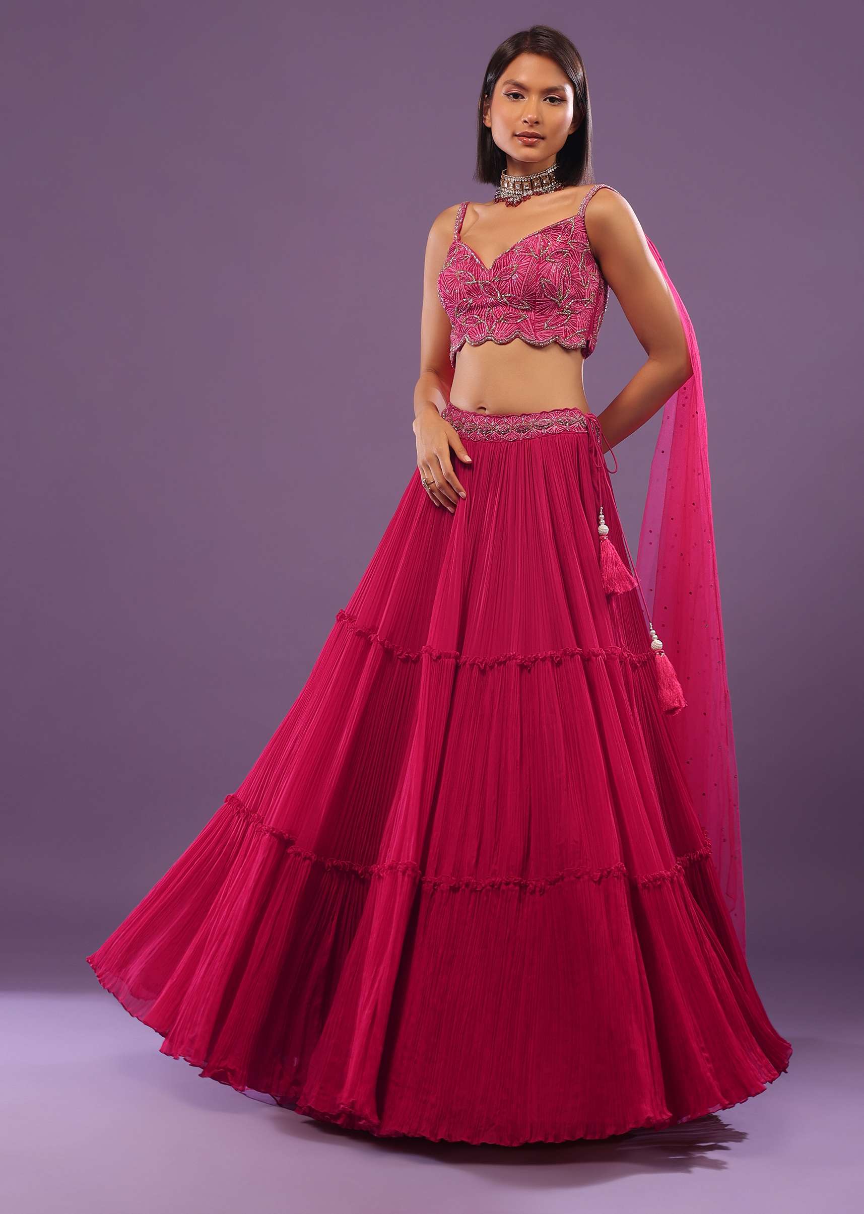 Hot Pink Lehenga Set In Viscose Georgette - Image 3