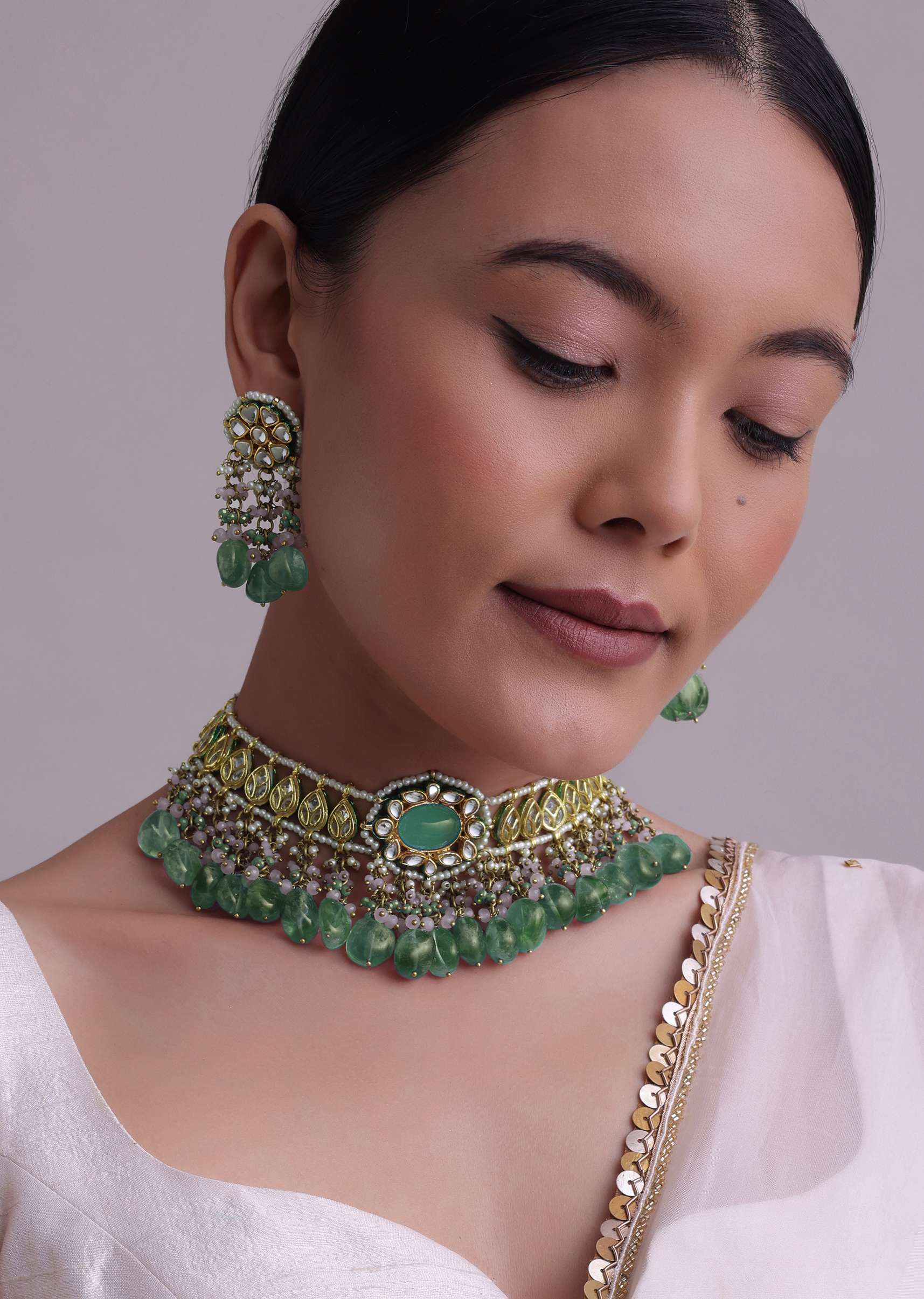 Voilet Toned Gold-Finish Kundan Choker Necklace Set With Colourful Meenakari Work In Mix Metal - Image 10