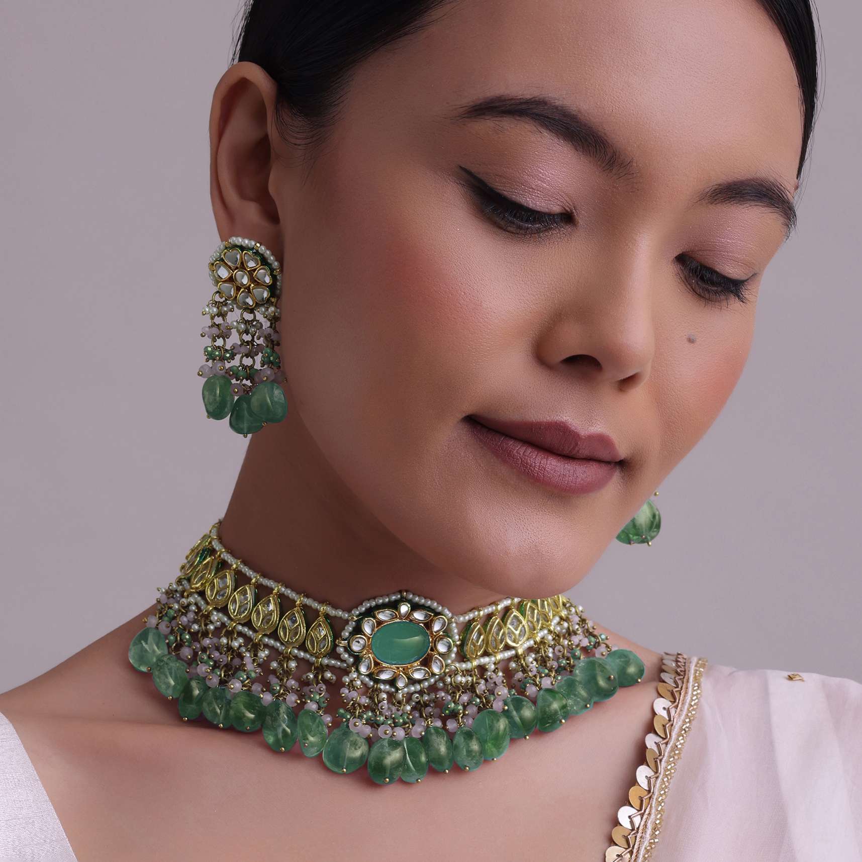 Voilet Toned Gold-Finish Kundan Choker Necklace Set With Colourful Meenakari Work In Mix Metal - Image 11