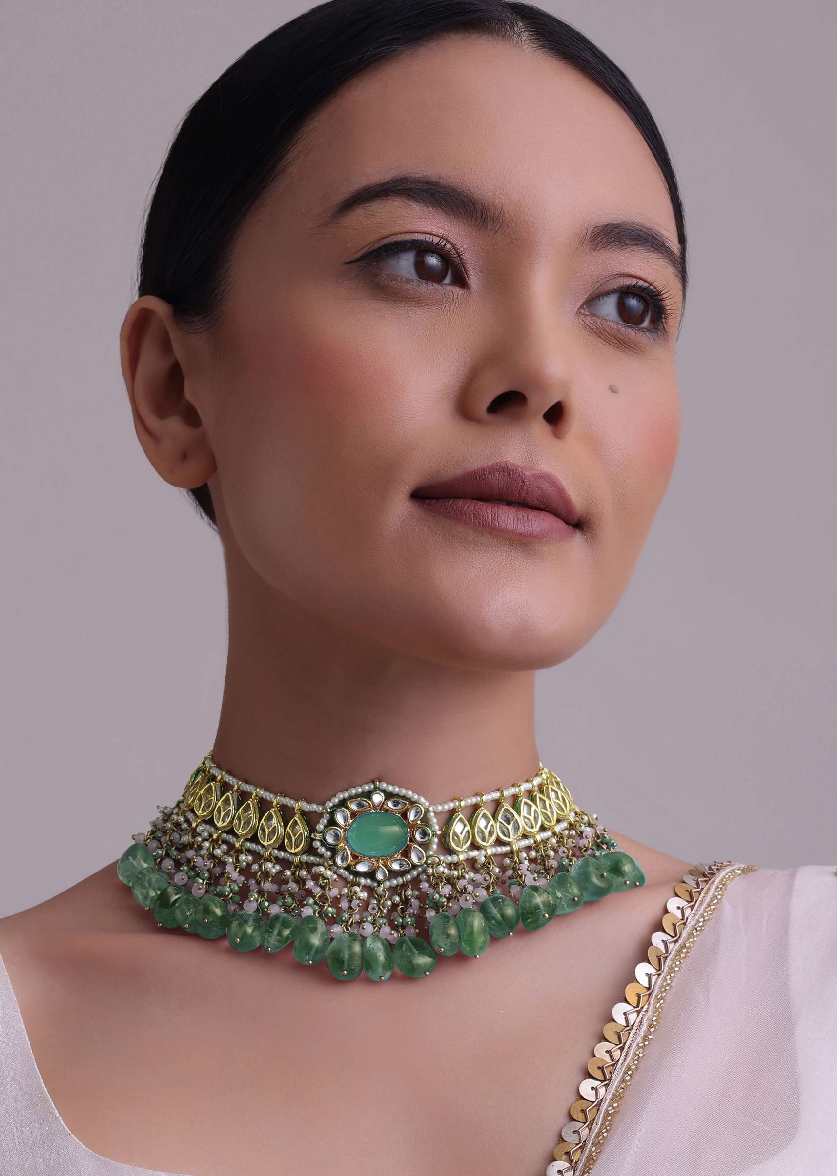 Voilet Toned Gold-Finish Kundan Choker Necklace Set With Colourful Meenakari Work In Mix Metal - Image 14