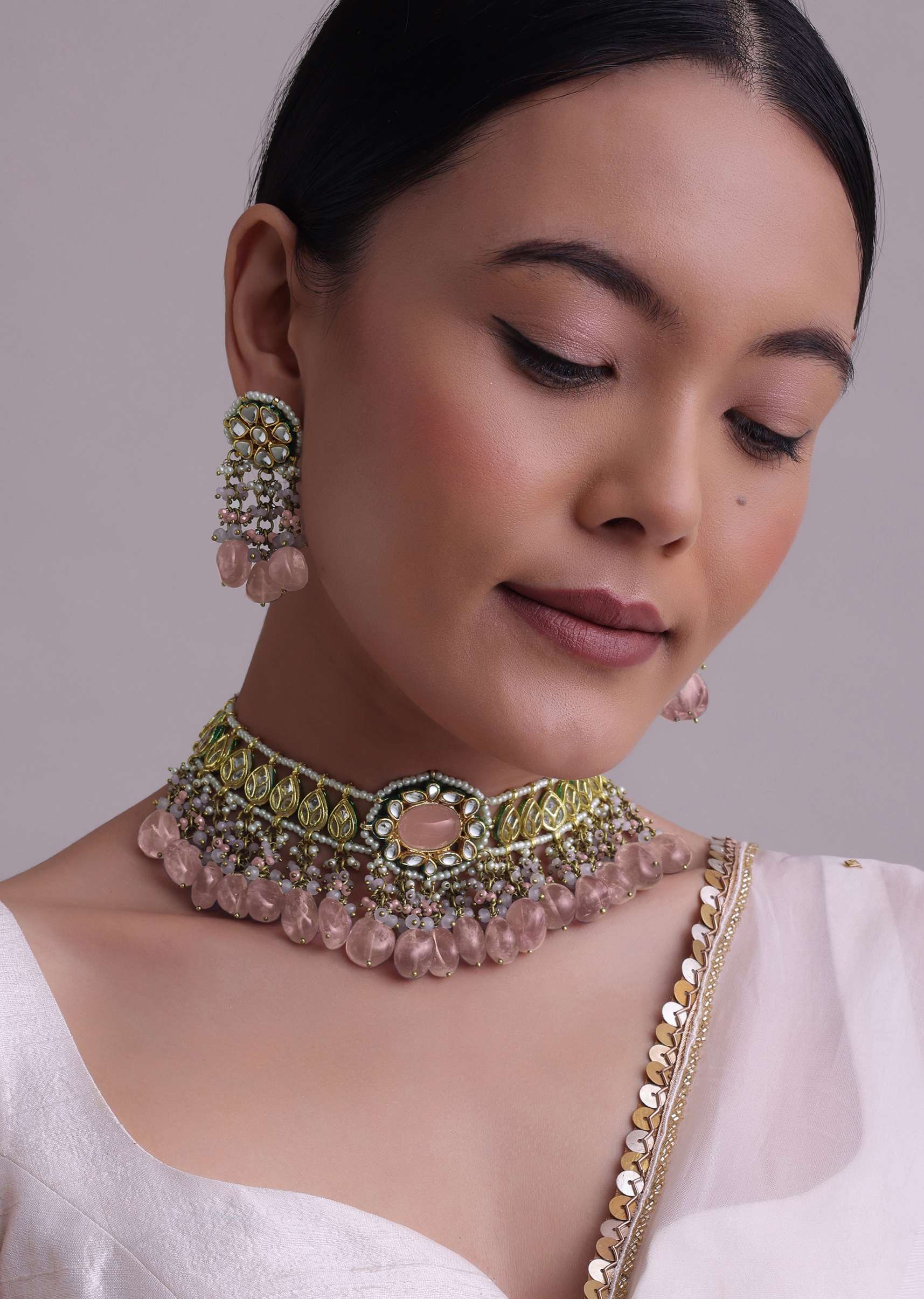 Voilet Toned Gold-Finish Kundan Choker Necklace Set With Colourful Meenakari Work In Mix Metal - Image 16
