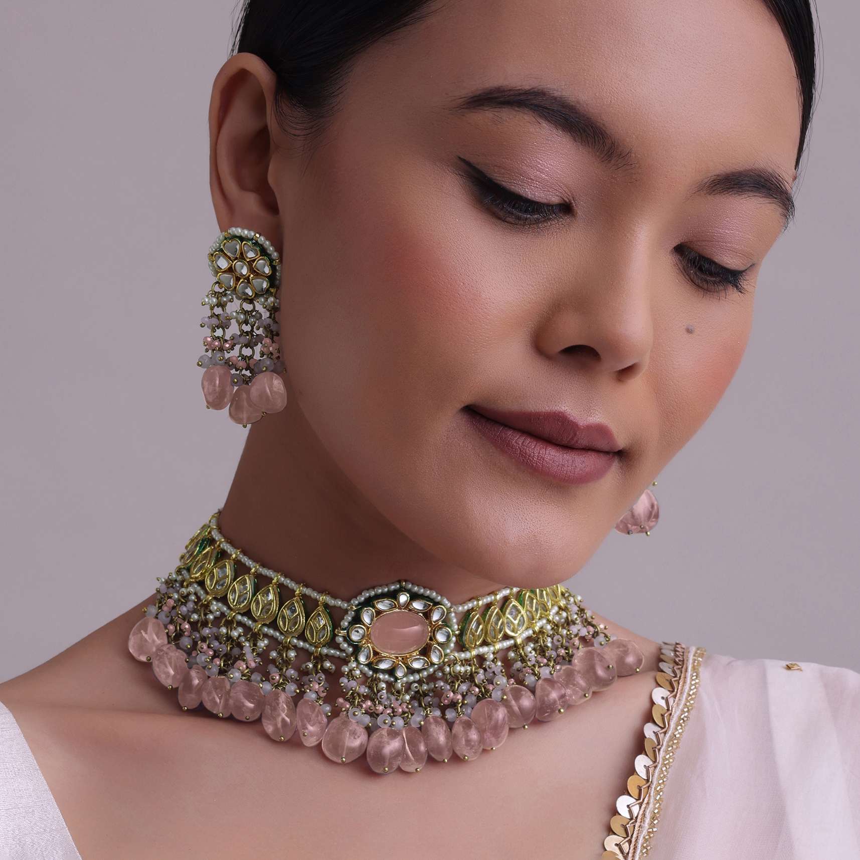 Voilet Toned Gold-Finish Kundan Choker Necklace Set With Colourful Meenakari Work In Mix Metal - Image 17