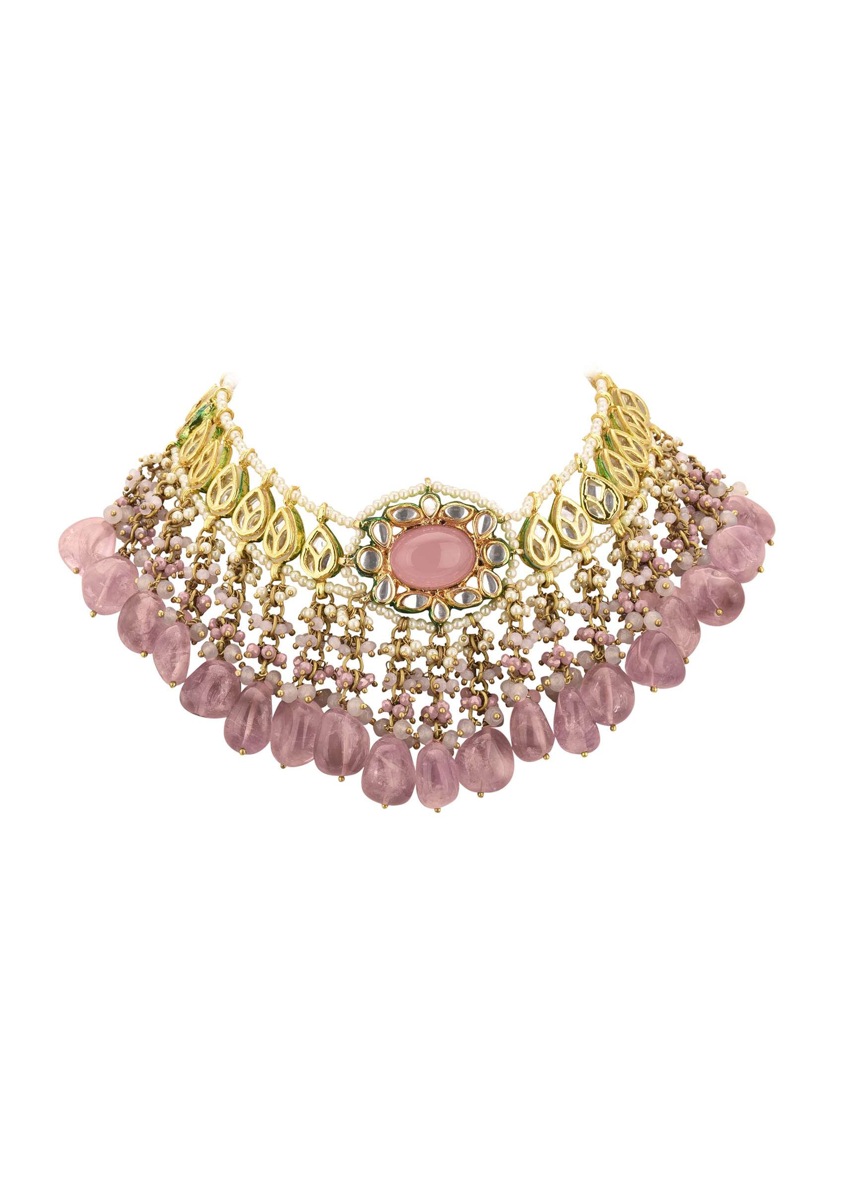 Voilet Toned Gold-Finish Kundan Choker Necklace Set With Colourful Meenakari Work In Mix Metal - Image 20
