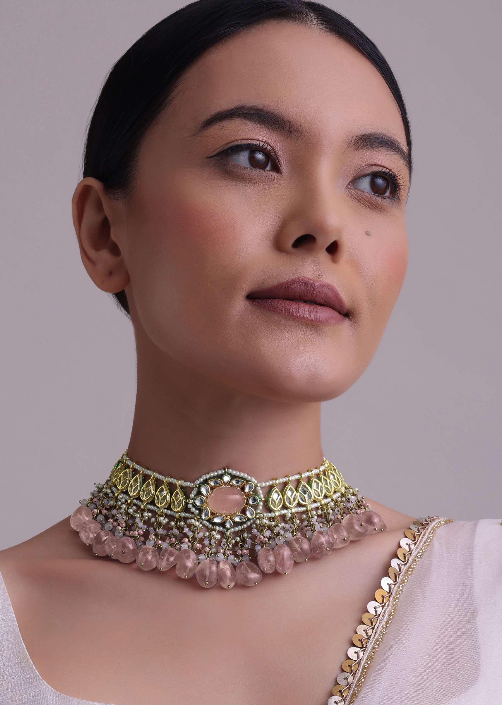 Voilet Toned Gold-Finish Kundan Choker Necklace Set With Colourful Meenakari Work In Mix Metal - Image 21