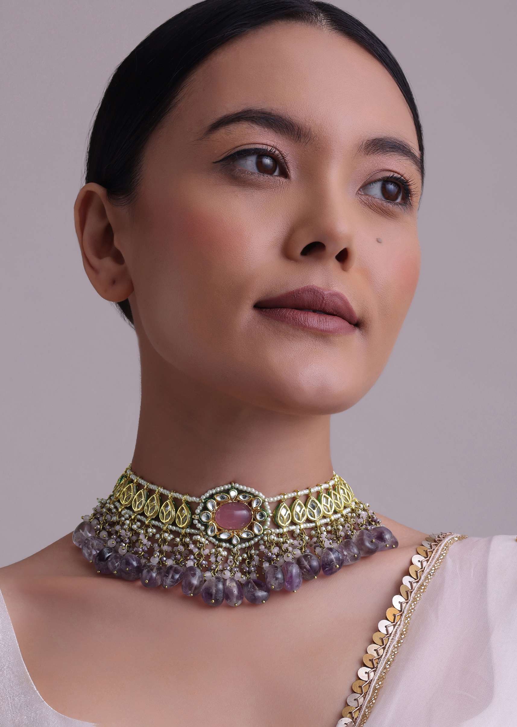 Voilet Toned Gold-Finish Kundan Choker Necklace Set With Colourful Meenakari Work In Mix Metal - Image 5