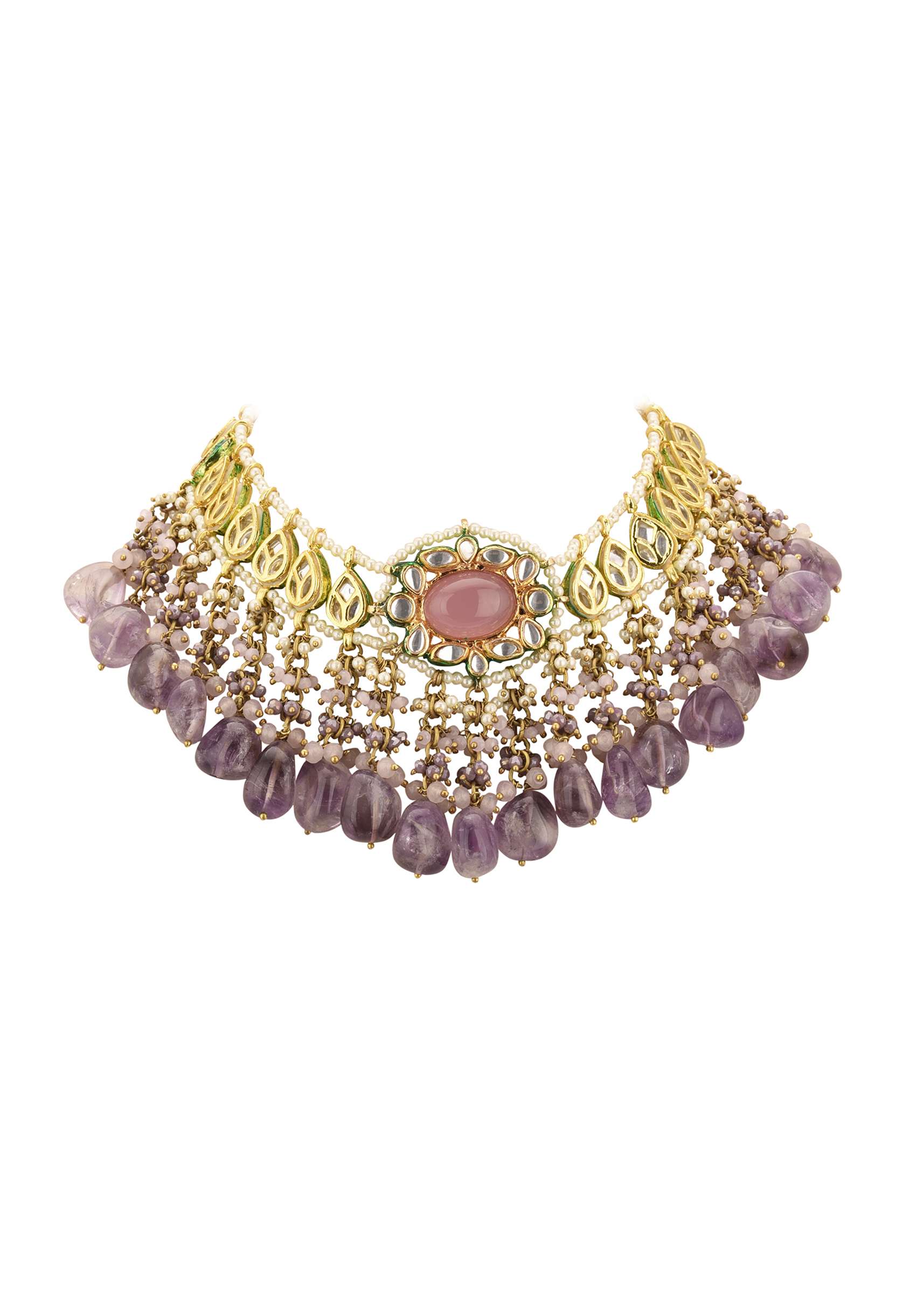 Voilet Toned Gold-Finish Kundan Choker Necklace Set With Colourful Meenakari Work In Mix Metal - Image 8