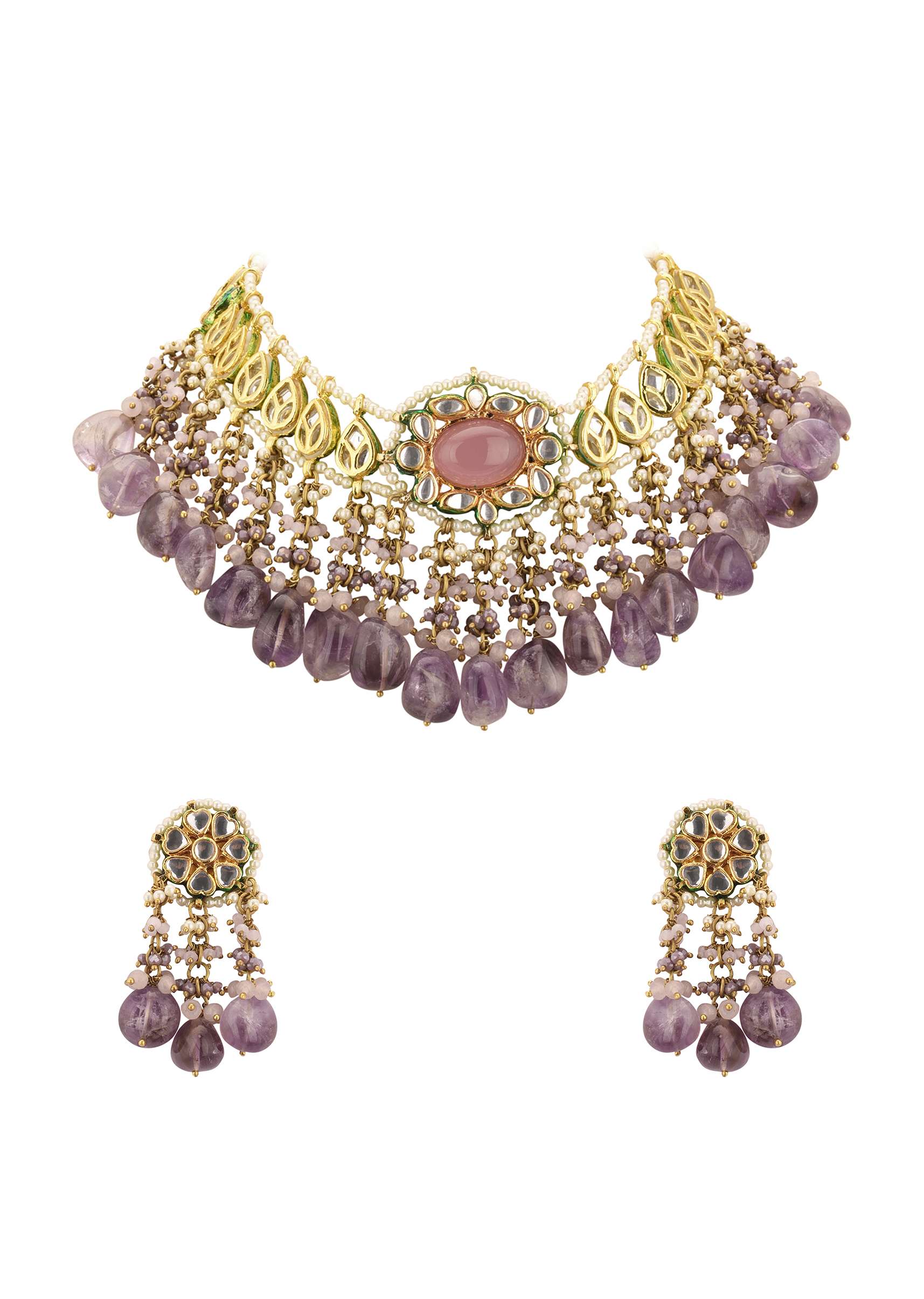 Voilet Toned Gold-Finish Kundan Choker Necklace Set With Colourful Meenakari Work In Mix Metal - Image 9