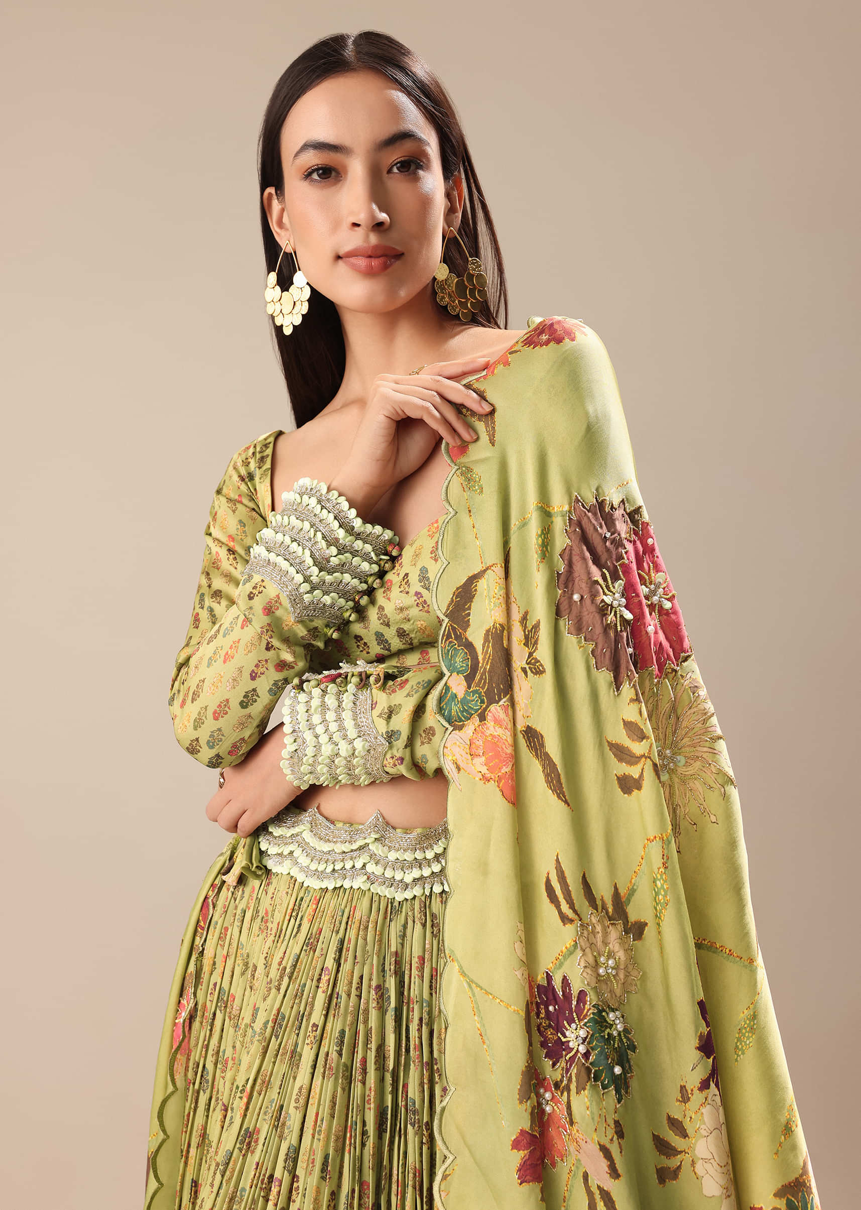 Warm Green Embroidered Skirt And Blouse - Image 2