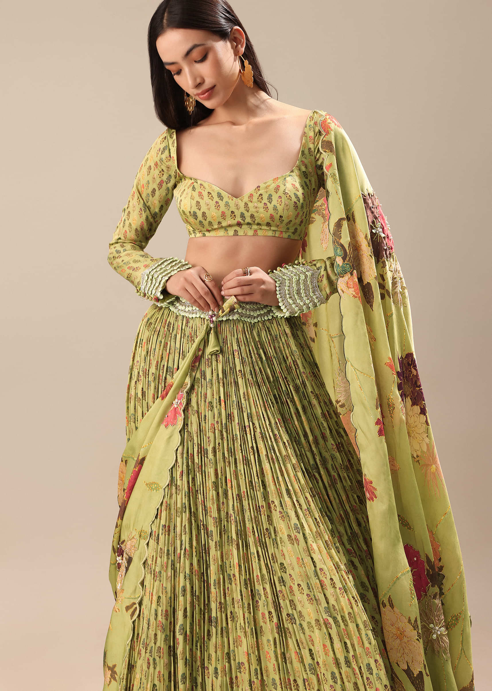 Warm Green Embroidered Skirt And Blouse - Image 4