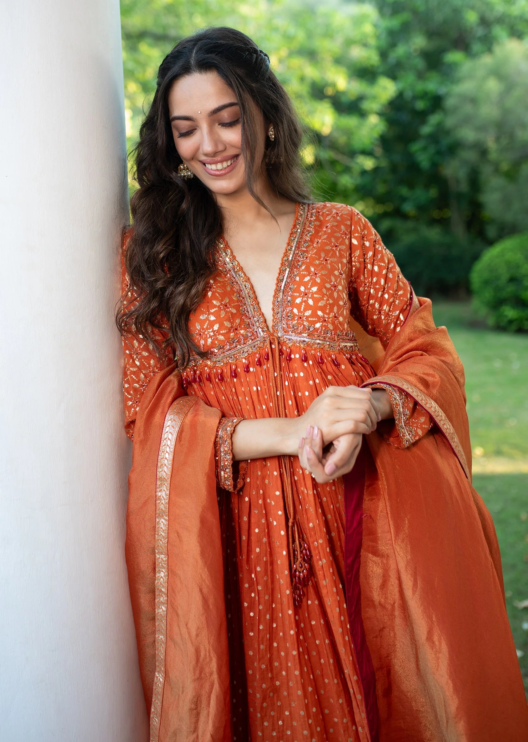 Warm Rust Orange Brocade Cutdana Beaded Anarkali Suit - Image 3