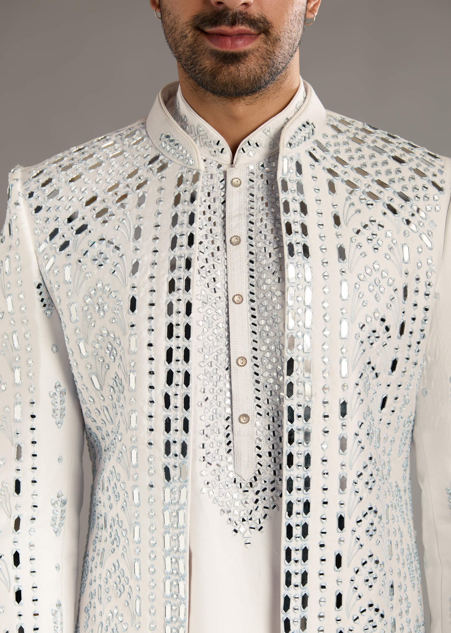 White And Blue Silk Groomsman Sherwani With Mirror Work - Image 2