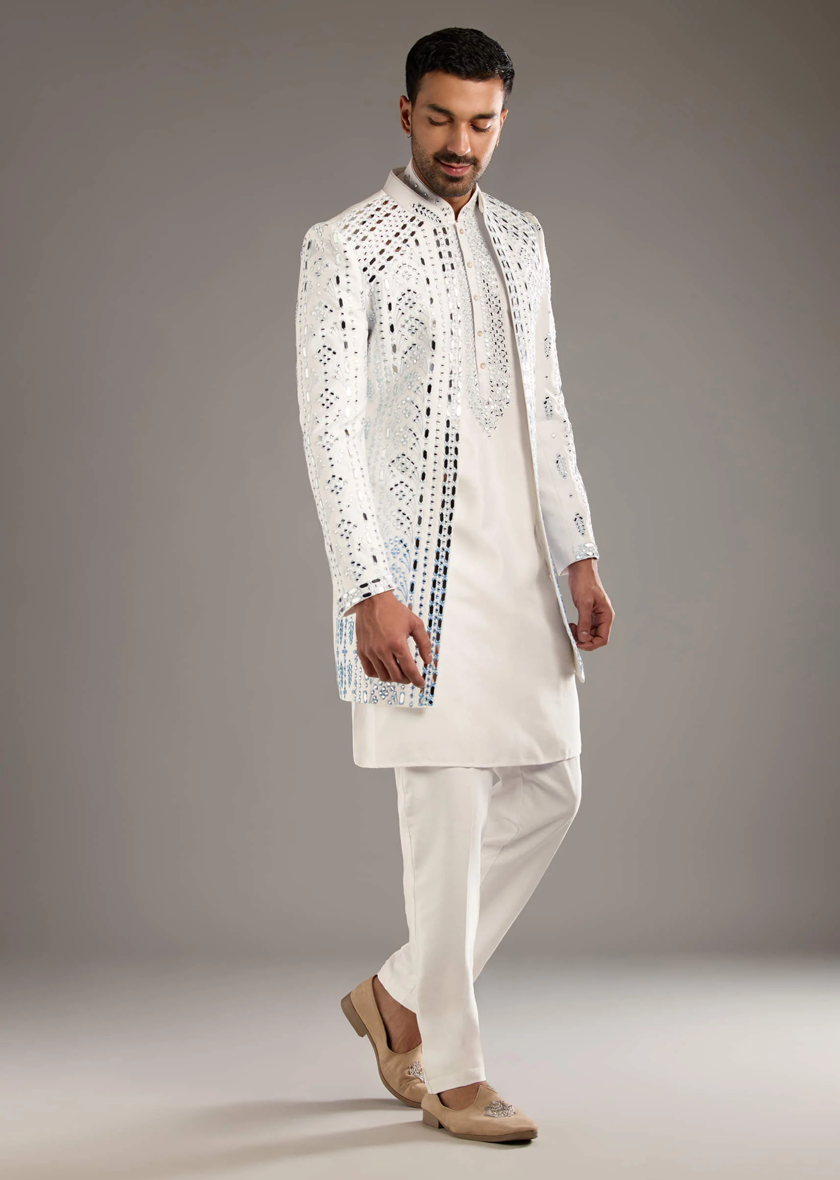 White And Blue Silk Groomsman Sherwani With Mirror Work - Image 3