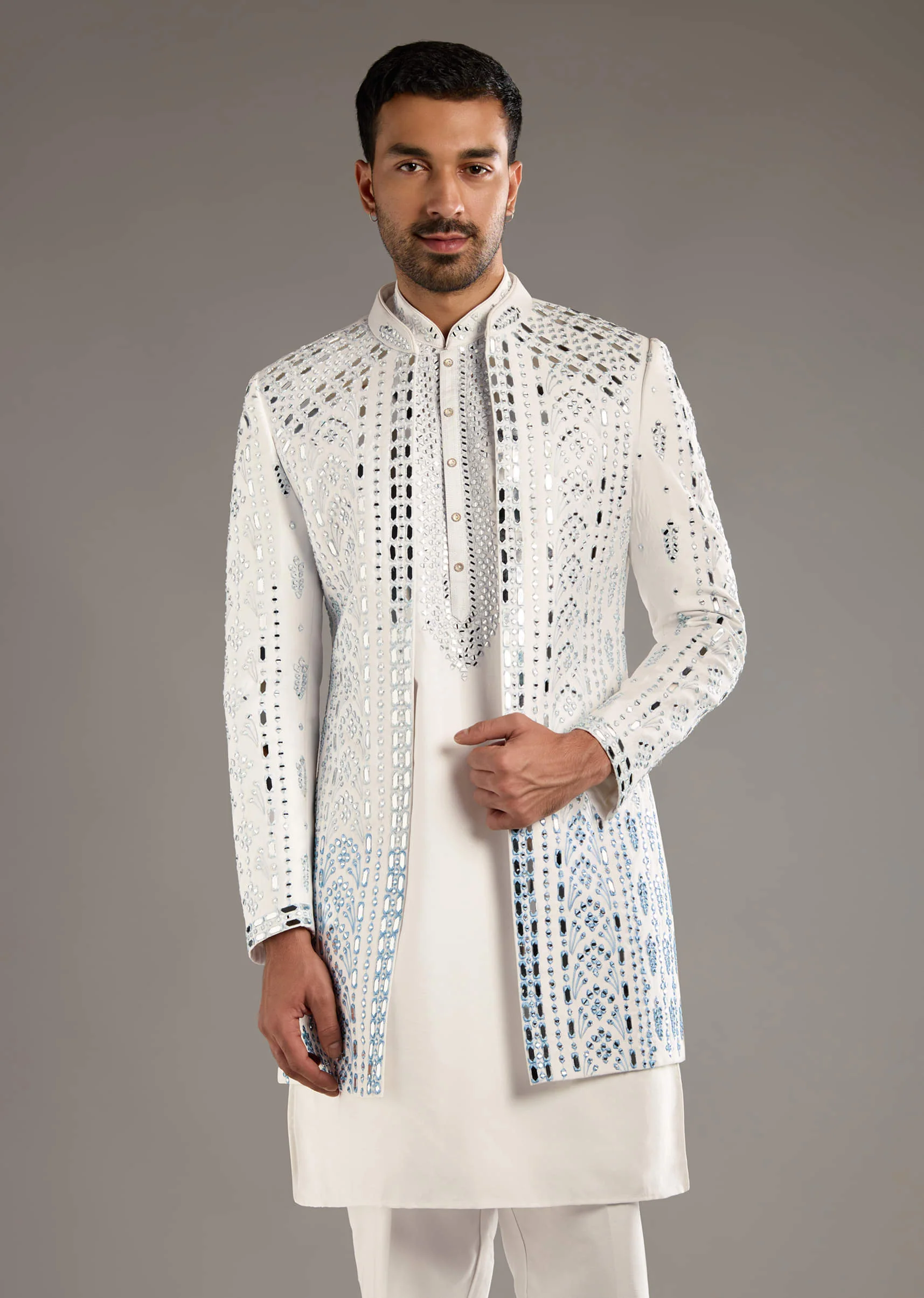 White And Blue Silk Groomsman Sherwani With Mirror Work - Image 4