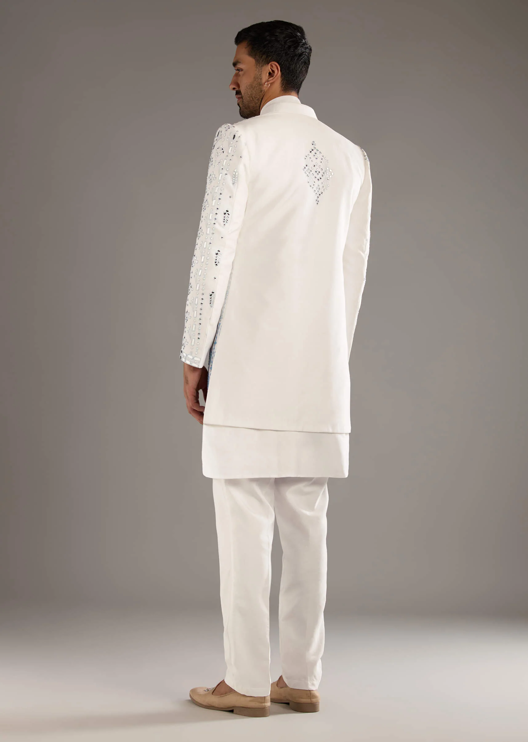 White And Blue Silk Groomsman Sherwani With Mirror Work - Image 5