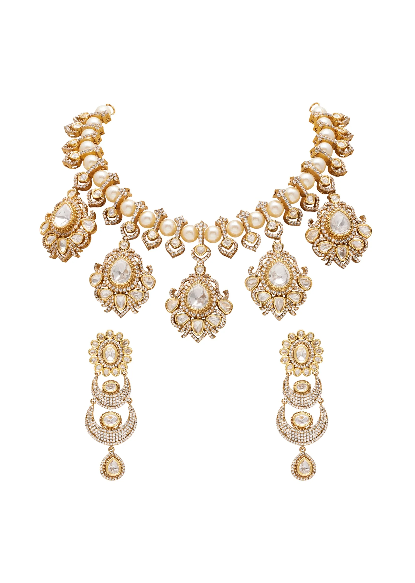 White And Gold Crescent Moon Tiered Pendant Necklace Set - Image 2