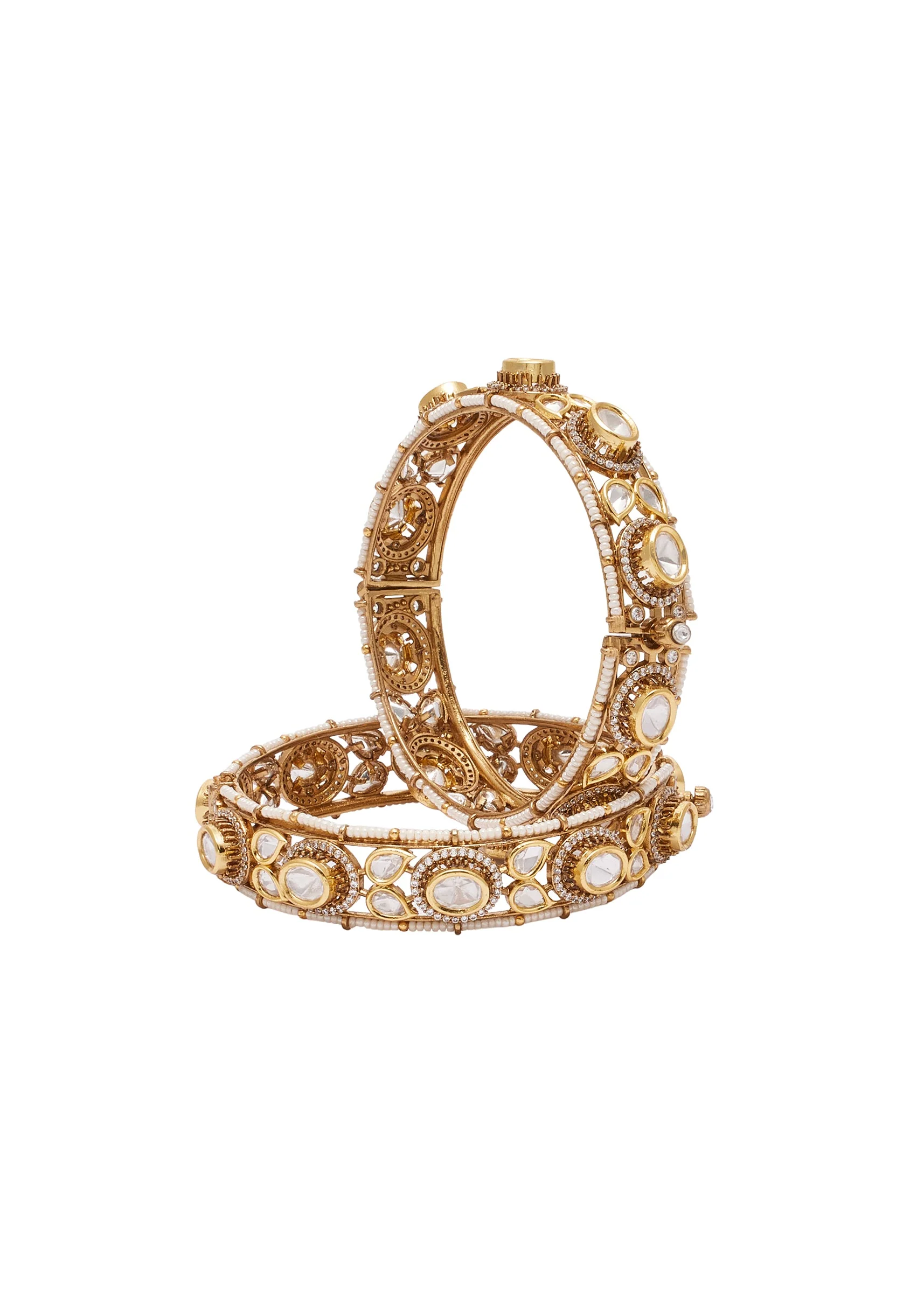 White And Gold Stone Encrusted Cutwork Bangle Set - Image 2