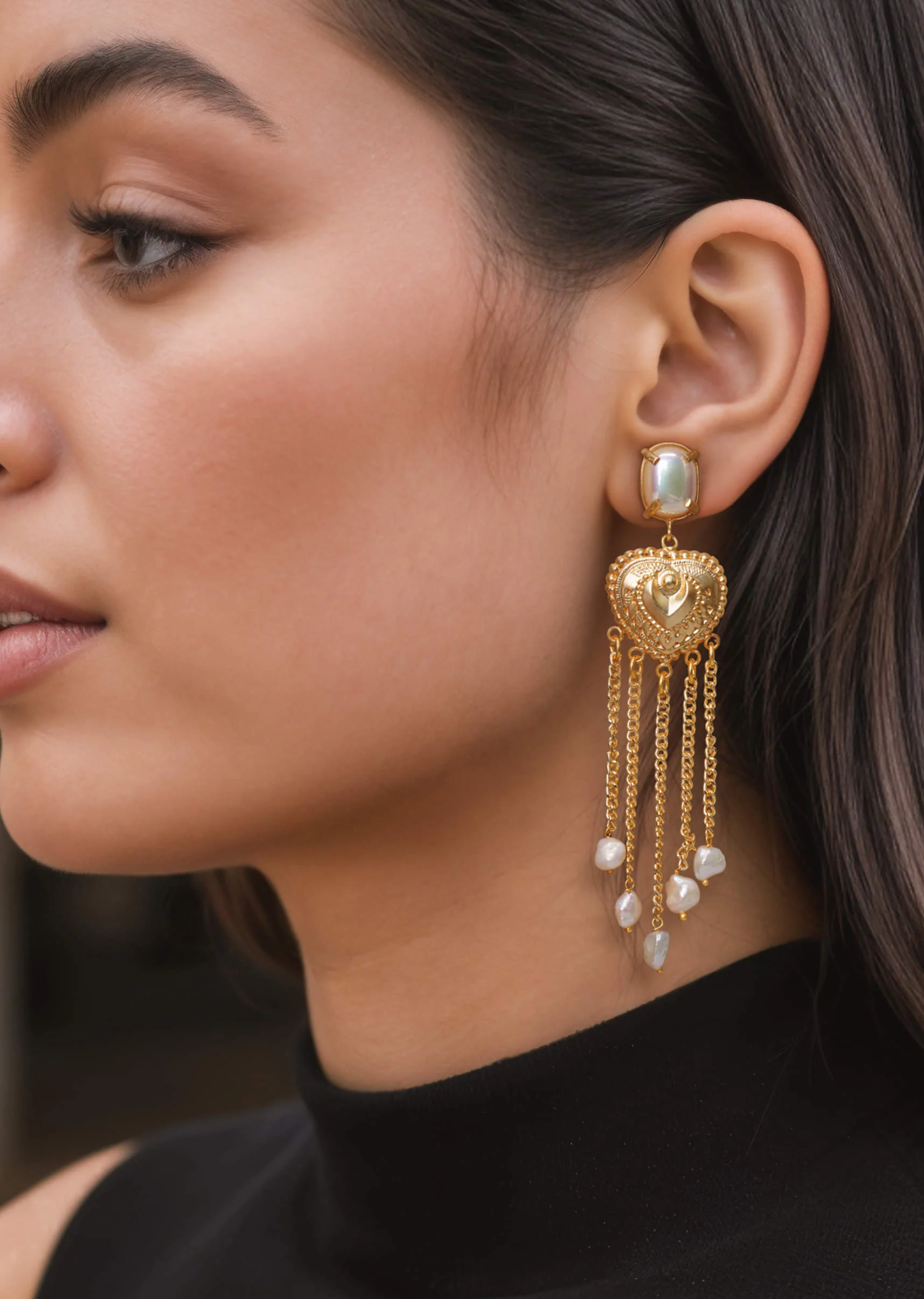 White and Gold Tassel Fusion Earrings