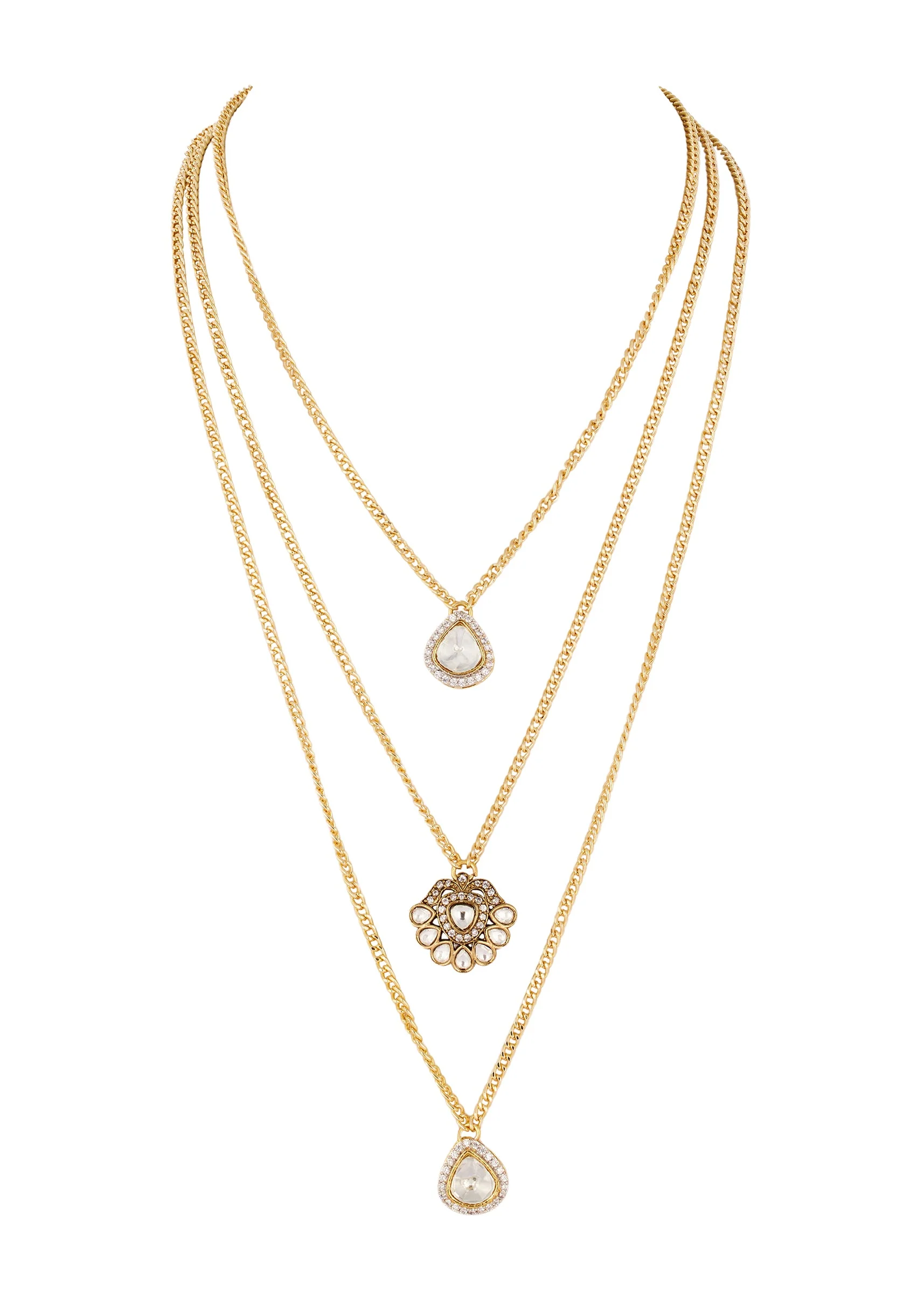 White and Gold Traditional Kundan Polki Layered Necklace with Coloured Stones