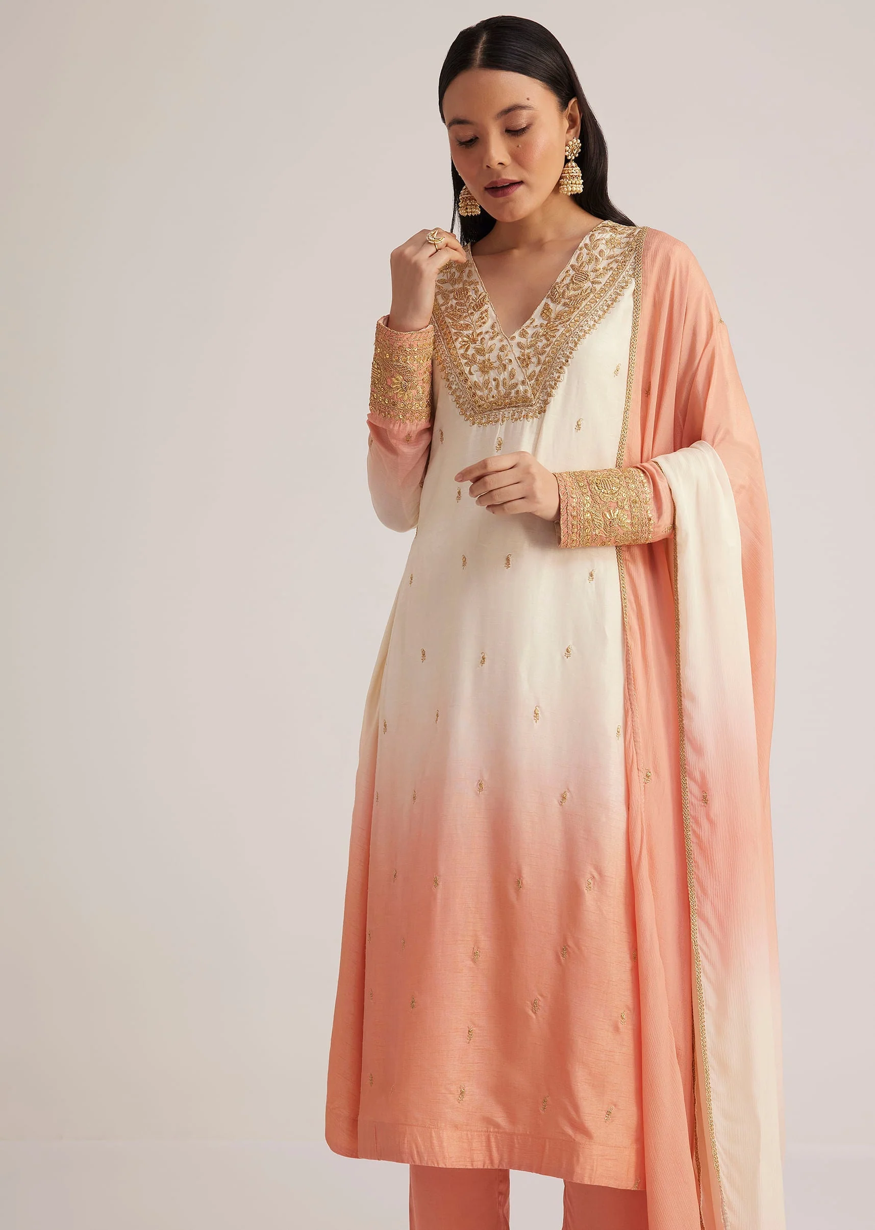 White and Peach Ombre Embroidered Suit - Image 3