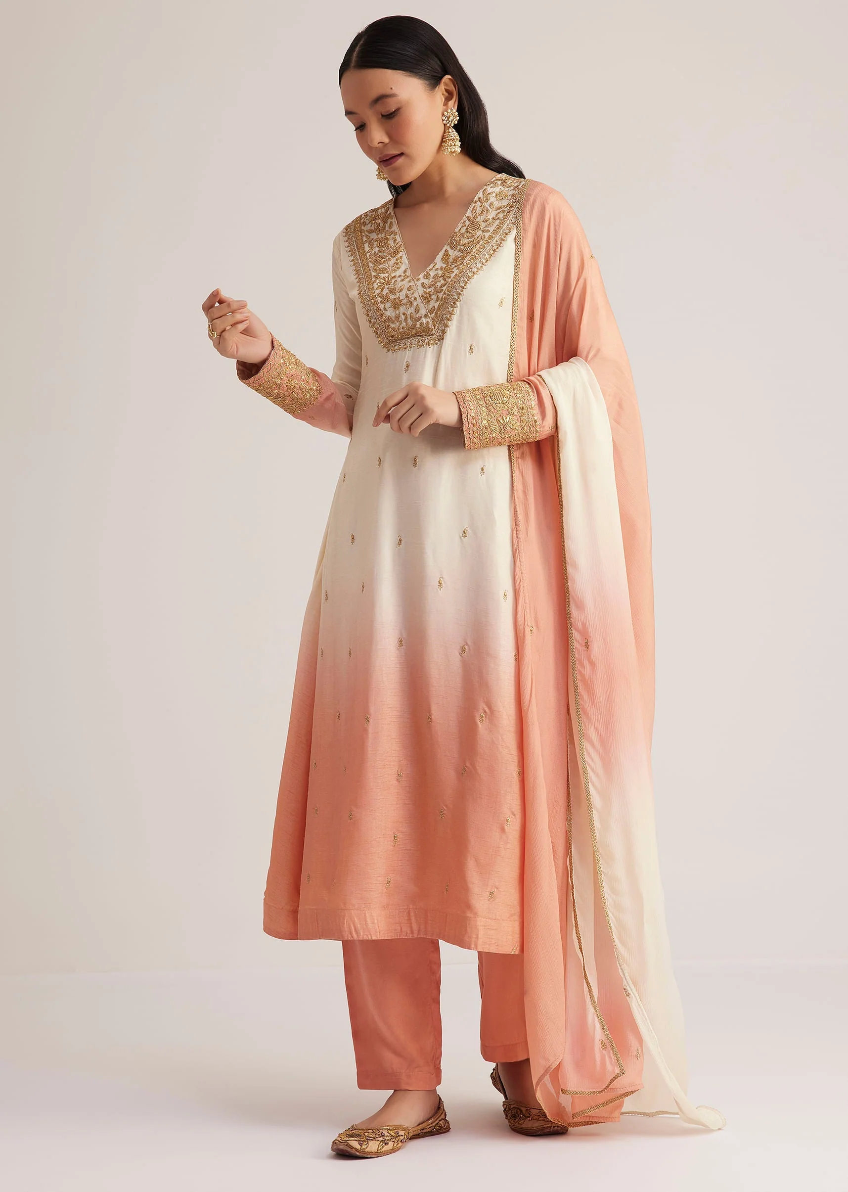White and Peach Ombre Embroidered Suit - Image 4