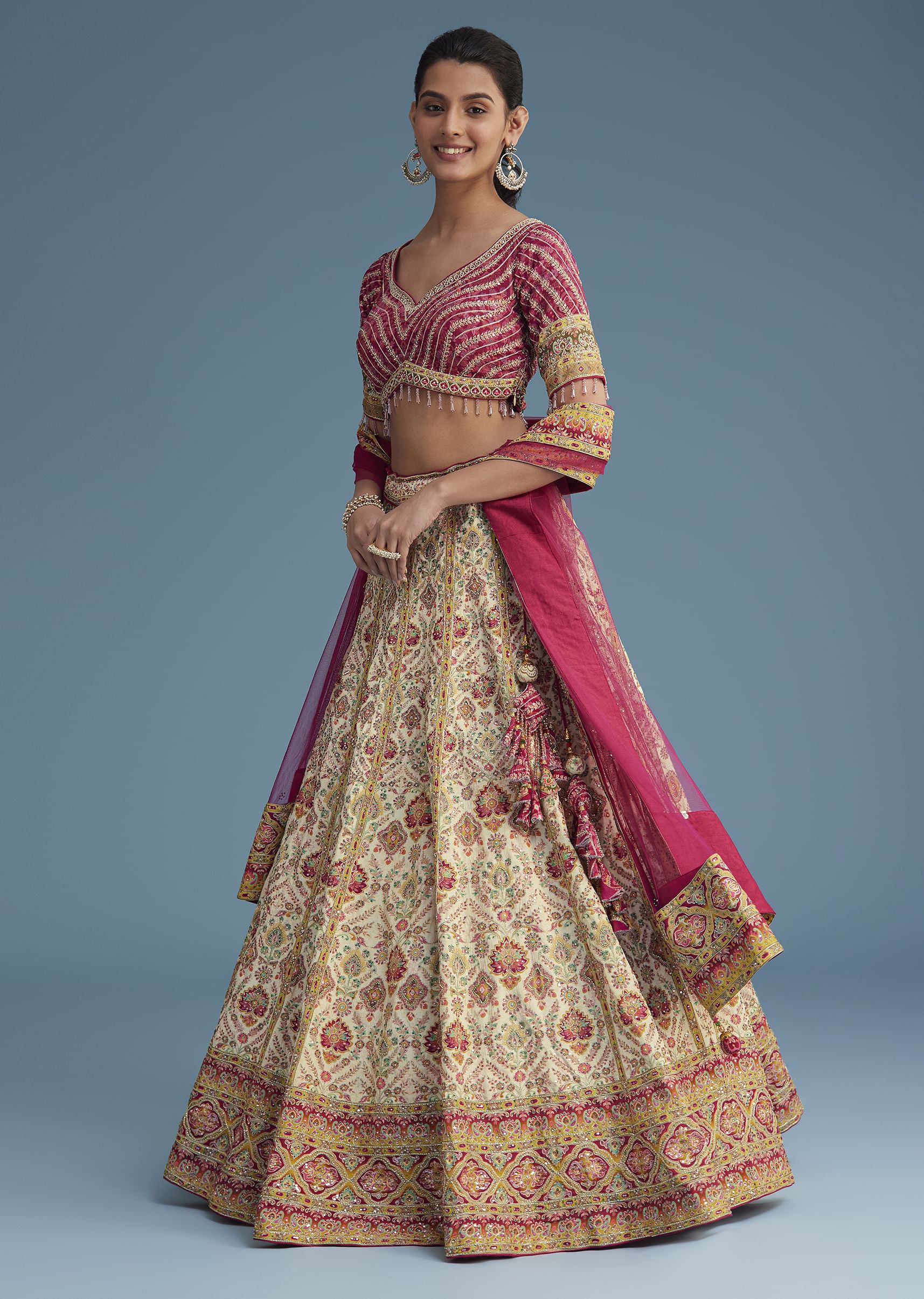 White And Pink Crepe Lehenga Set With Sequins And Cut Dana Work - Image 4