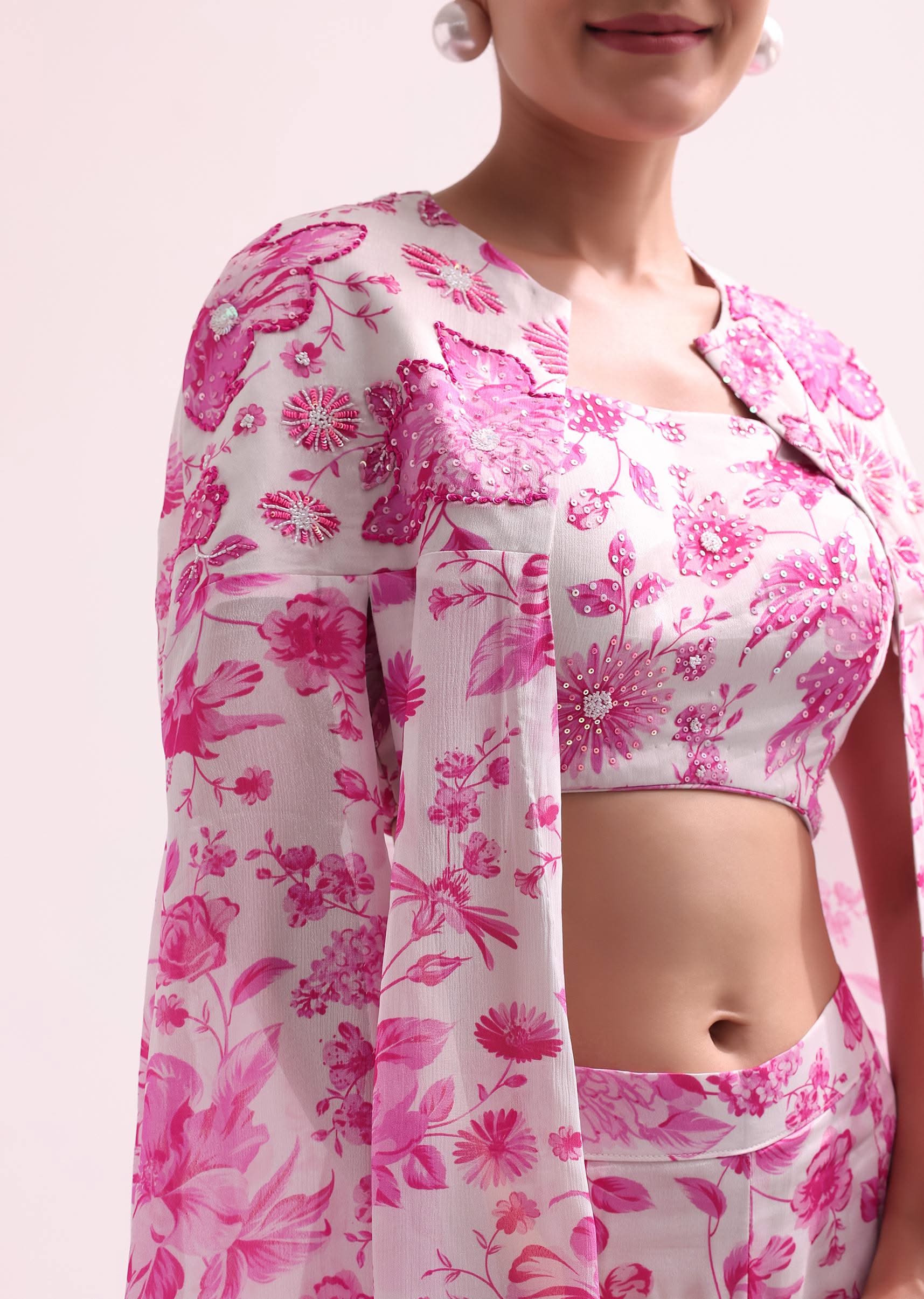 White And Pink Floral Croptop And Palazzo Set - Image 4