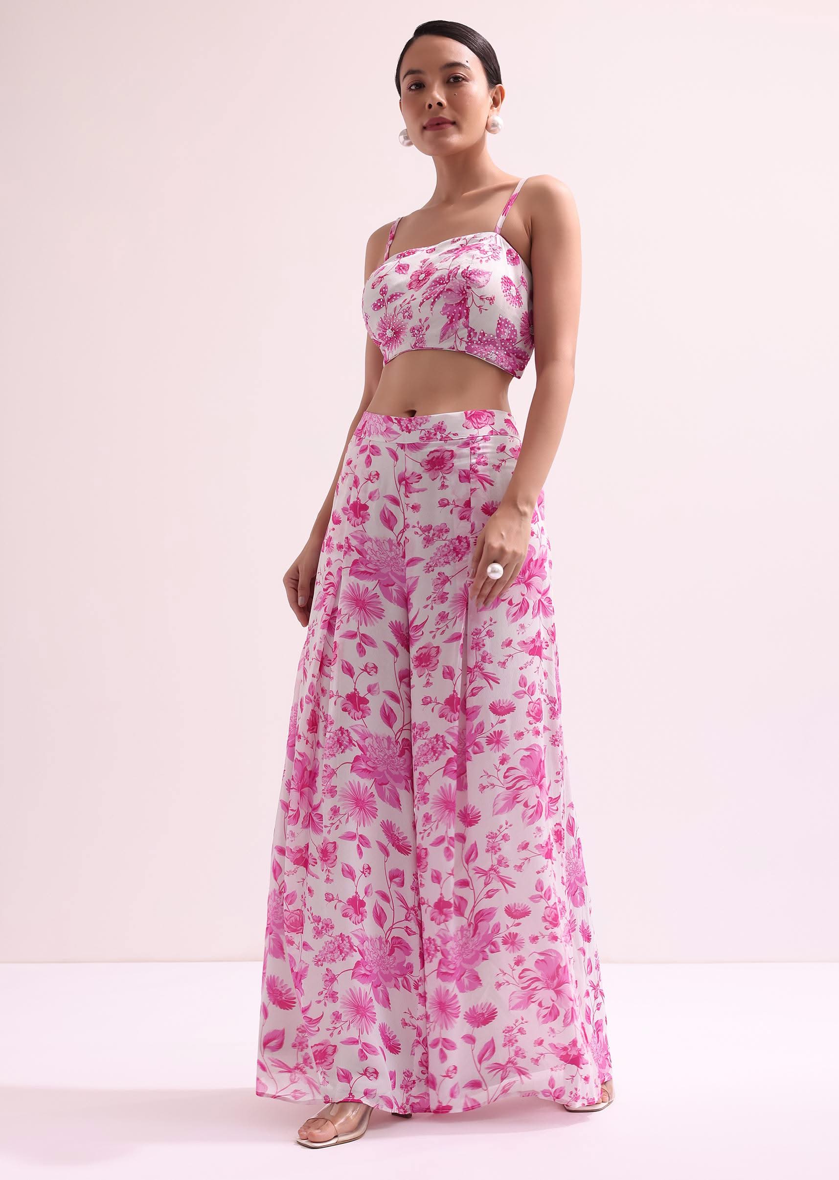 White And Pink Floral Croptop And Palazzo Set - Image 6
