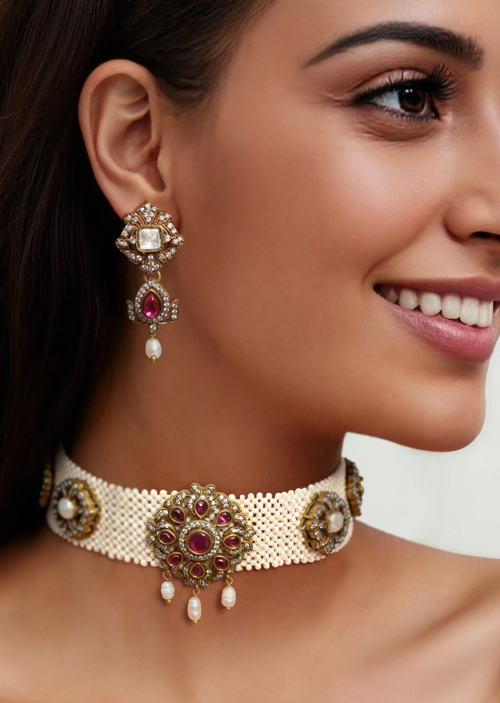 White and Pink Modern Polki Necklace and Earring Set