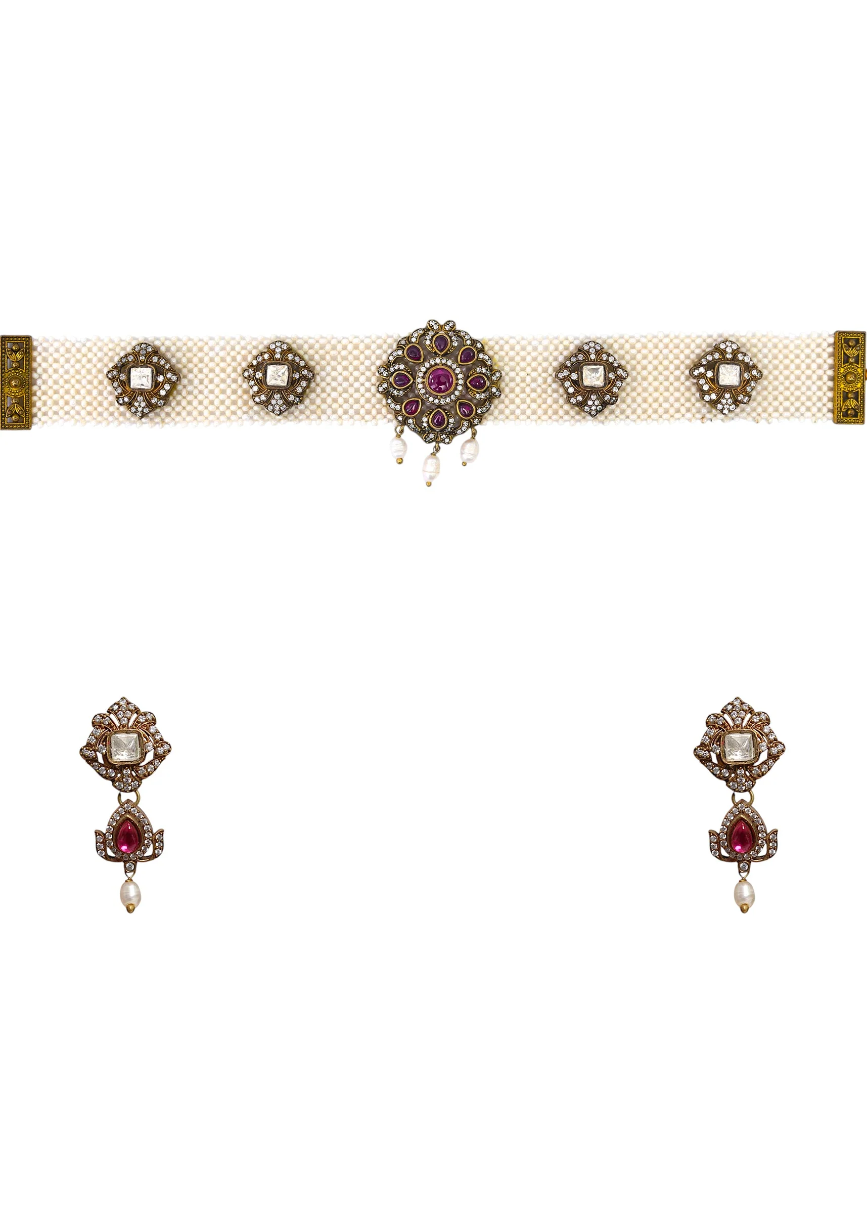 White and Pink Modern Polki Necklace and Earring Set - Image 2