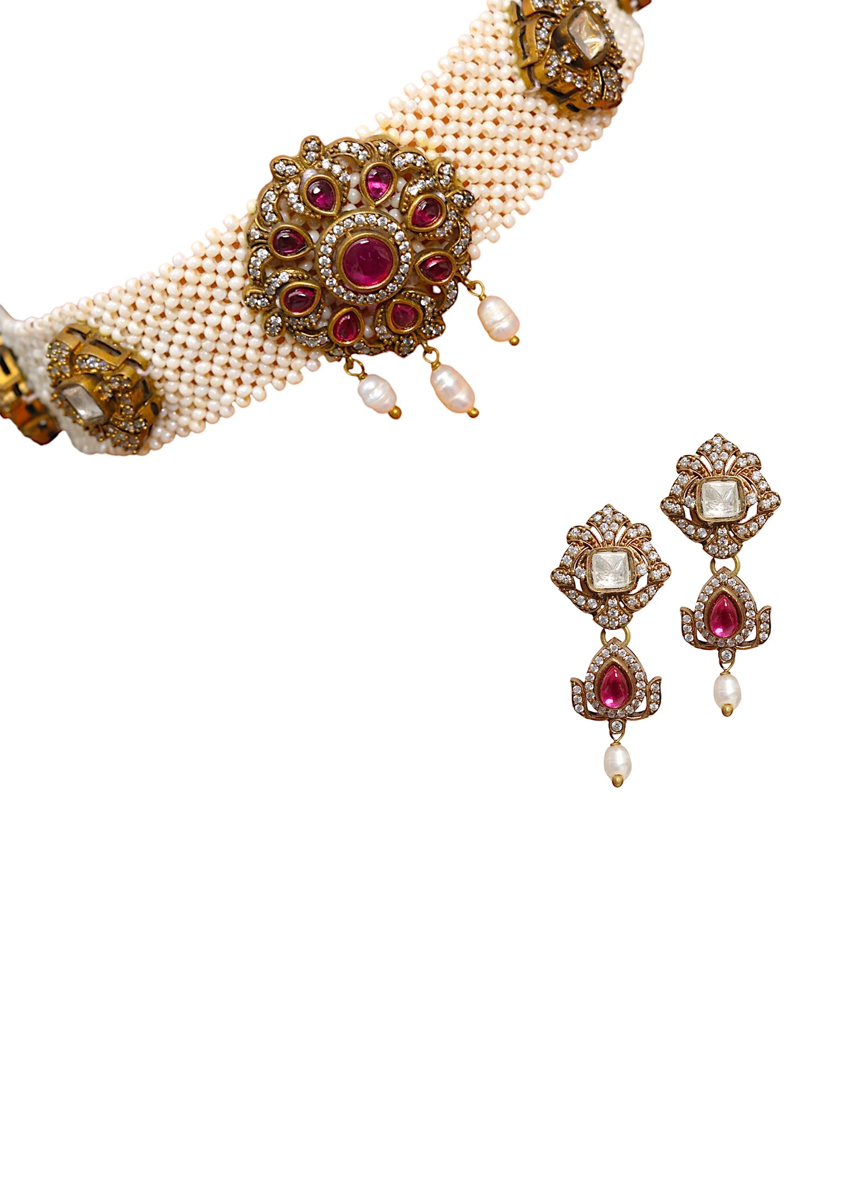 White and Pink Modern Polki Necklace and Earring Set - Image 3