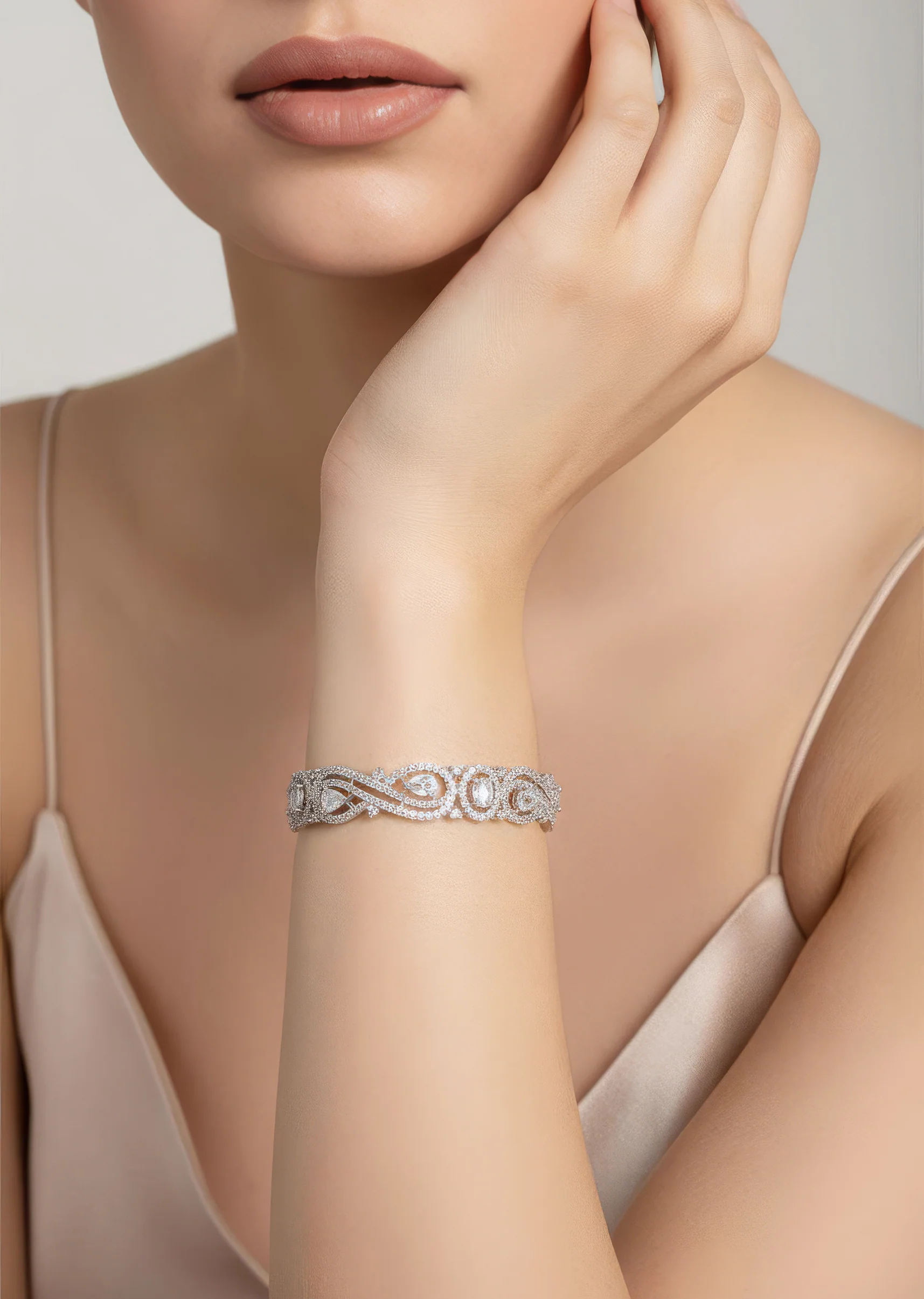 White and Silver Anti Tarnish CZ Diamond Rhodium Plated Bangle (Set of 2)