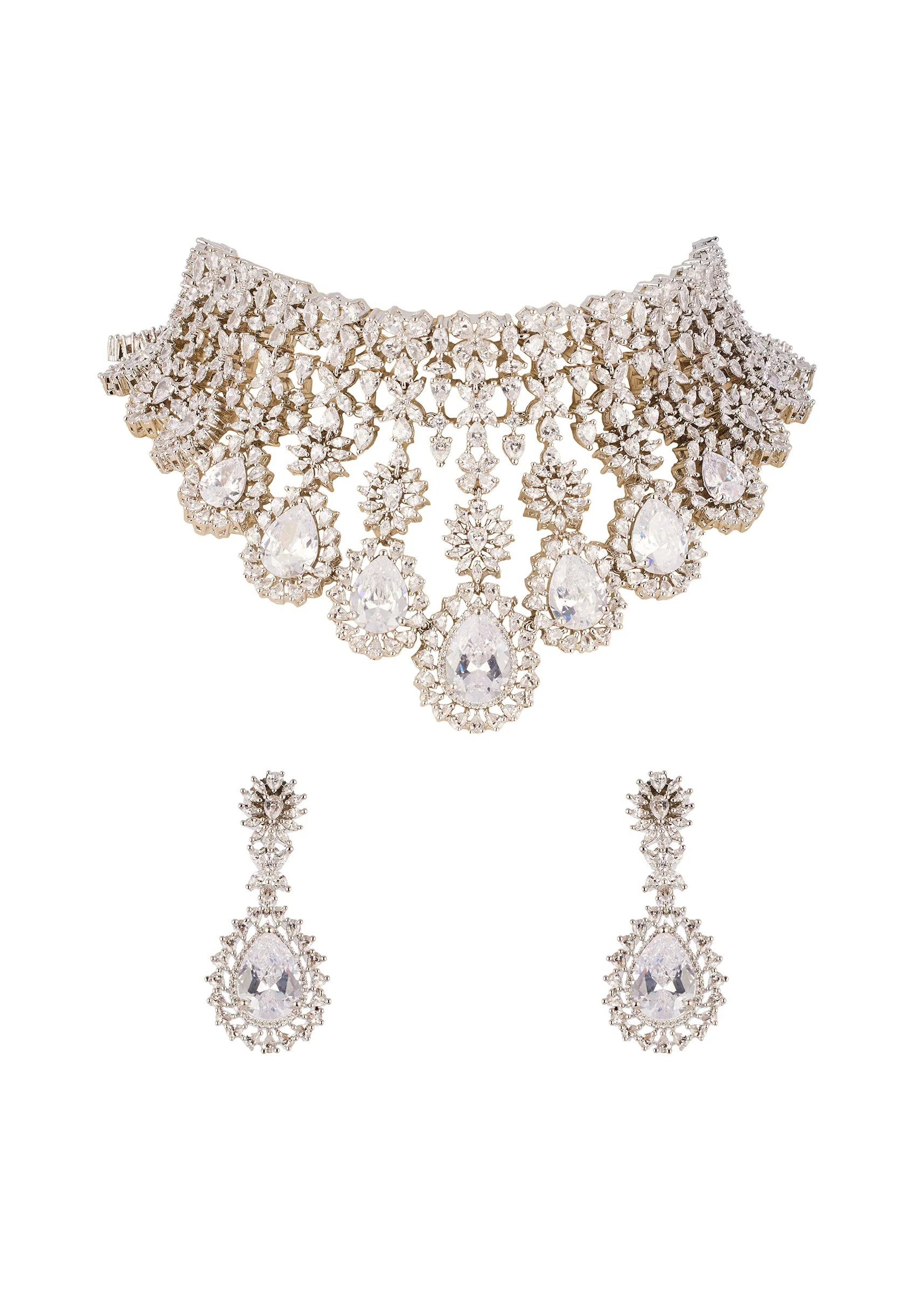 White and Silver Anti Tarnish Rhodium Plated Long Necklace Set In Brass with CZ Diamonds