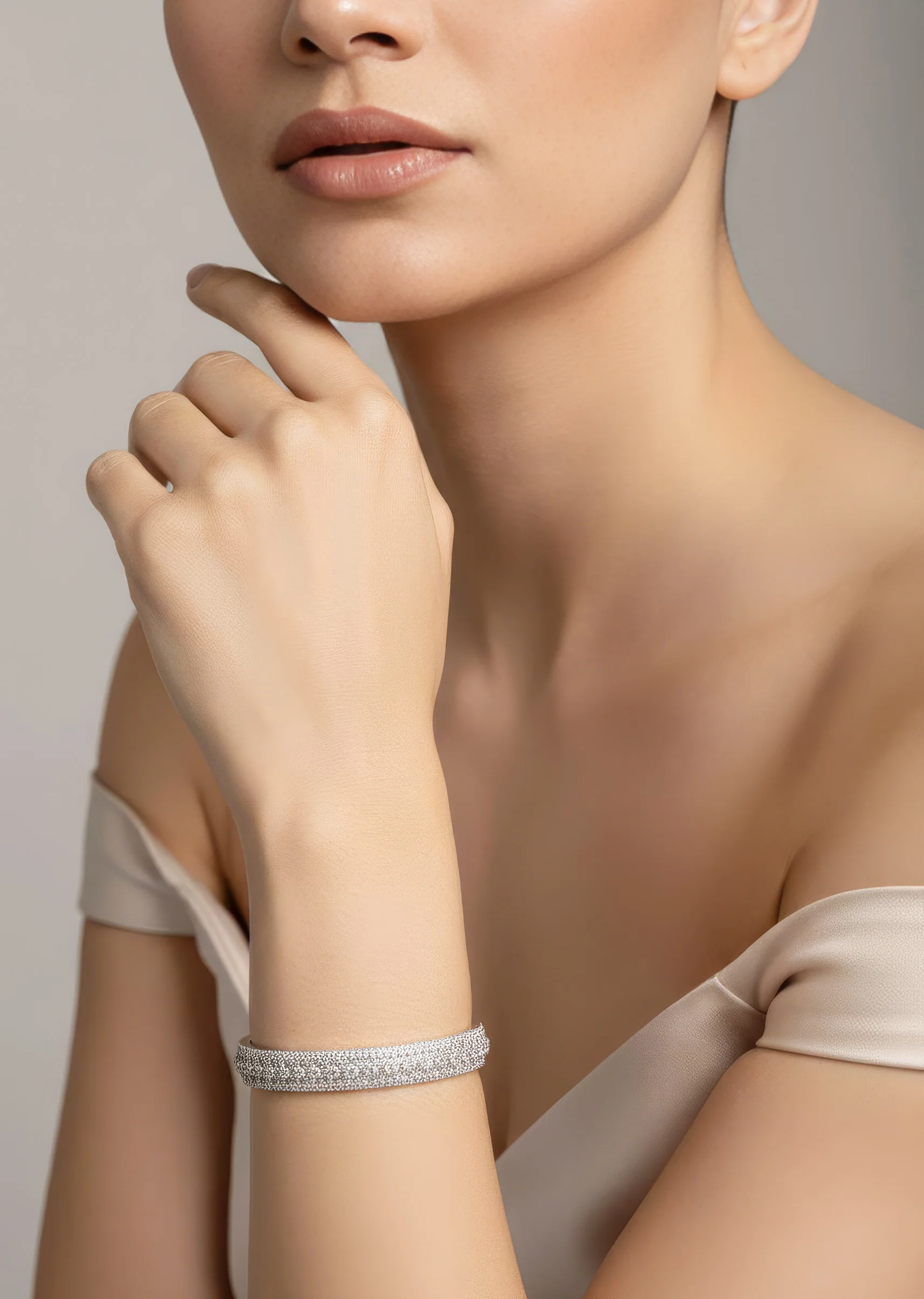 White Anti Tarnish CZ Diamond Rhodium Plated Bangle (Set of 2)