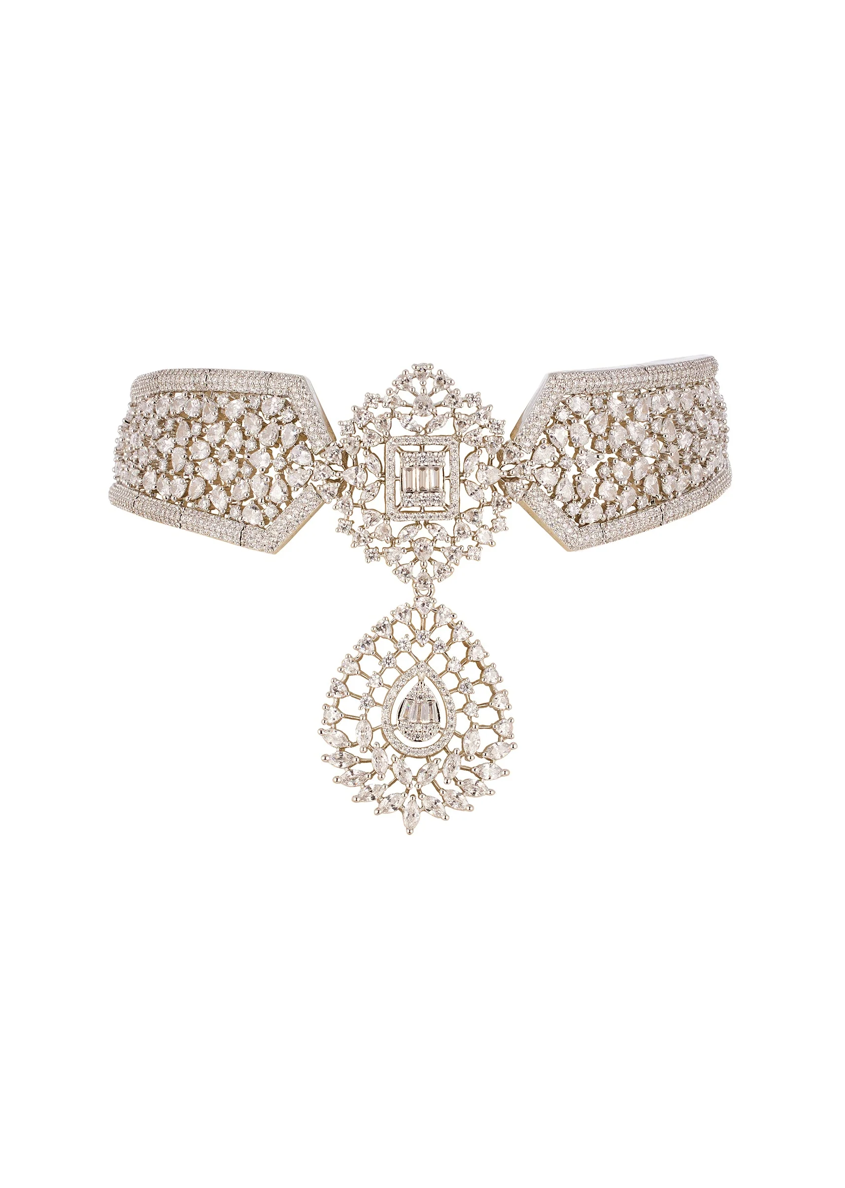 White Anti Tarnish Rhodium Plated Long Pendant Necklace Set In Brass with CZ Diamonds - Image 2