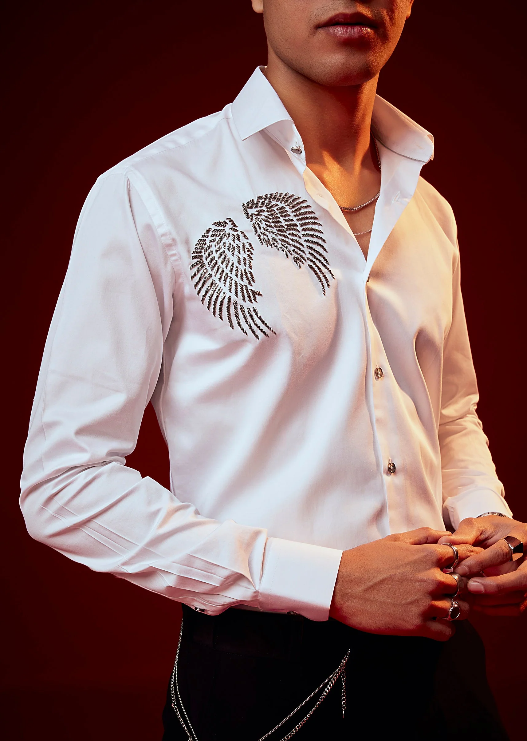 White Bead Embroidered Mandarin Collar Shirt - Image 2