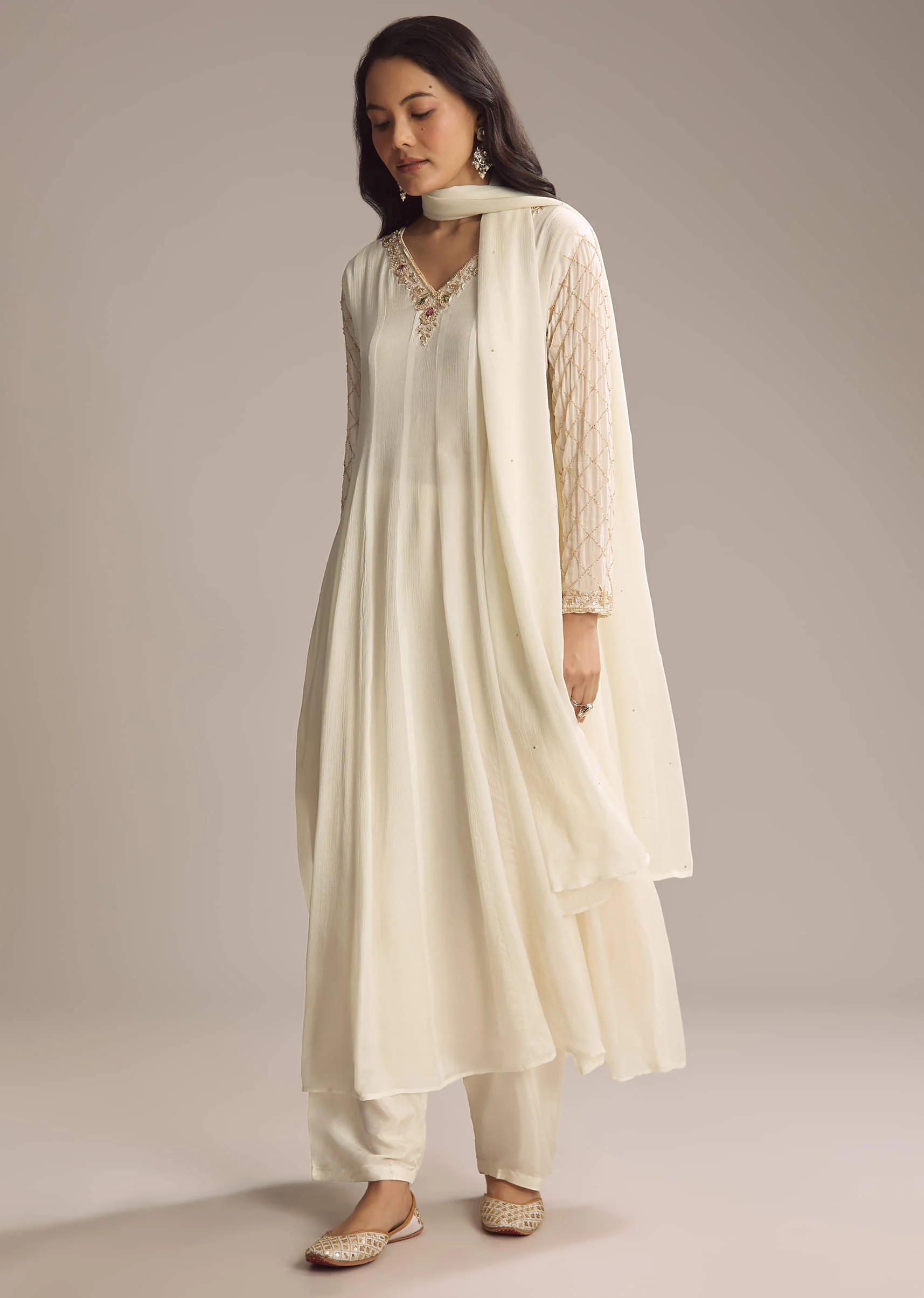 White Chinon Anarkali Suit With Cutdana And Sequins Work - Image 3