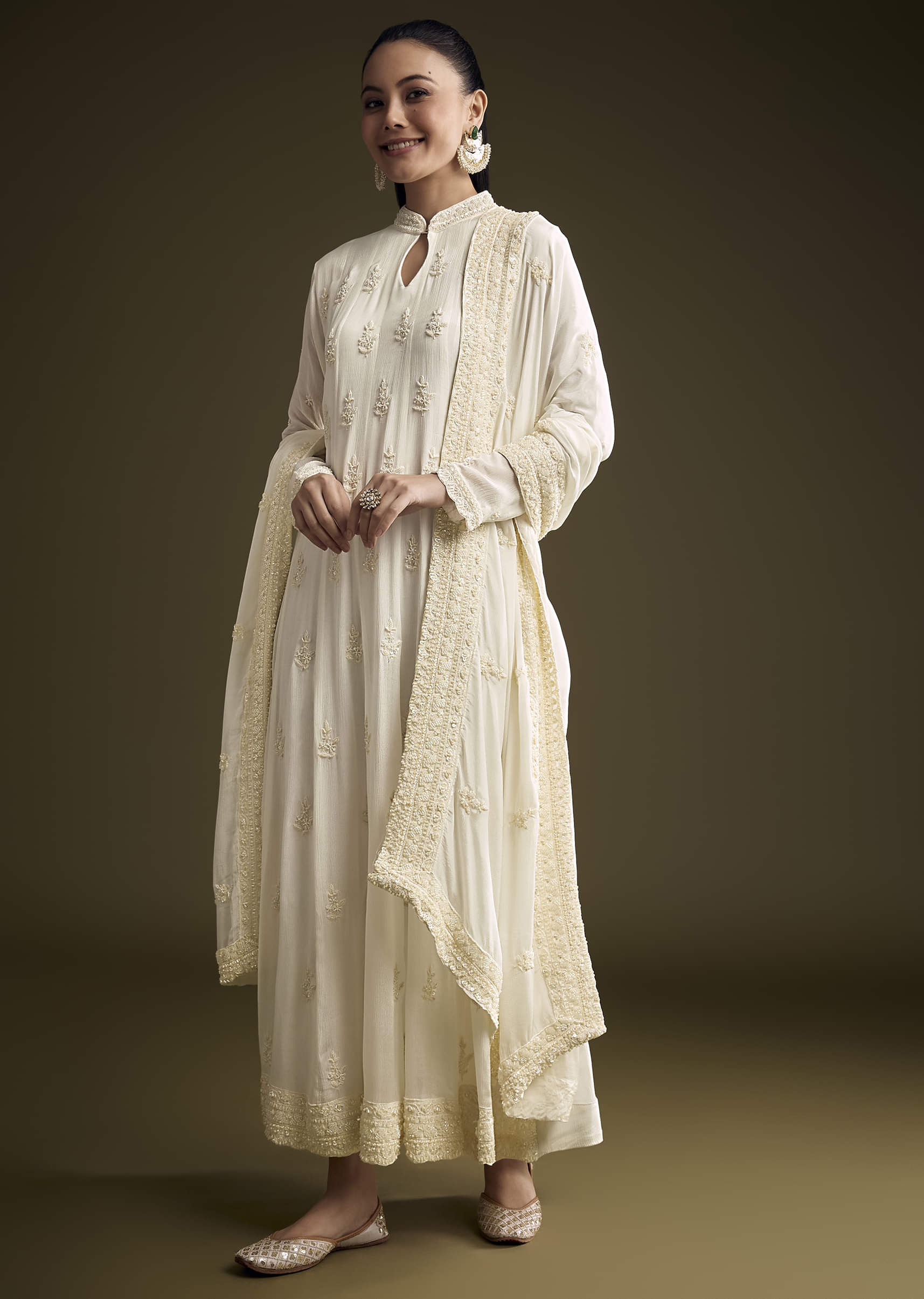 White Chinon Anarkali Suit With Heavy Hand Embroidery - Image 3