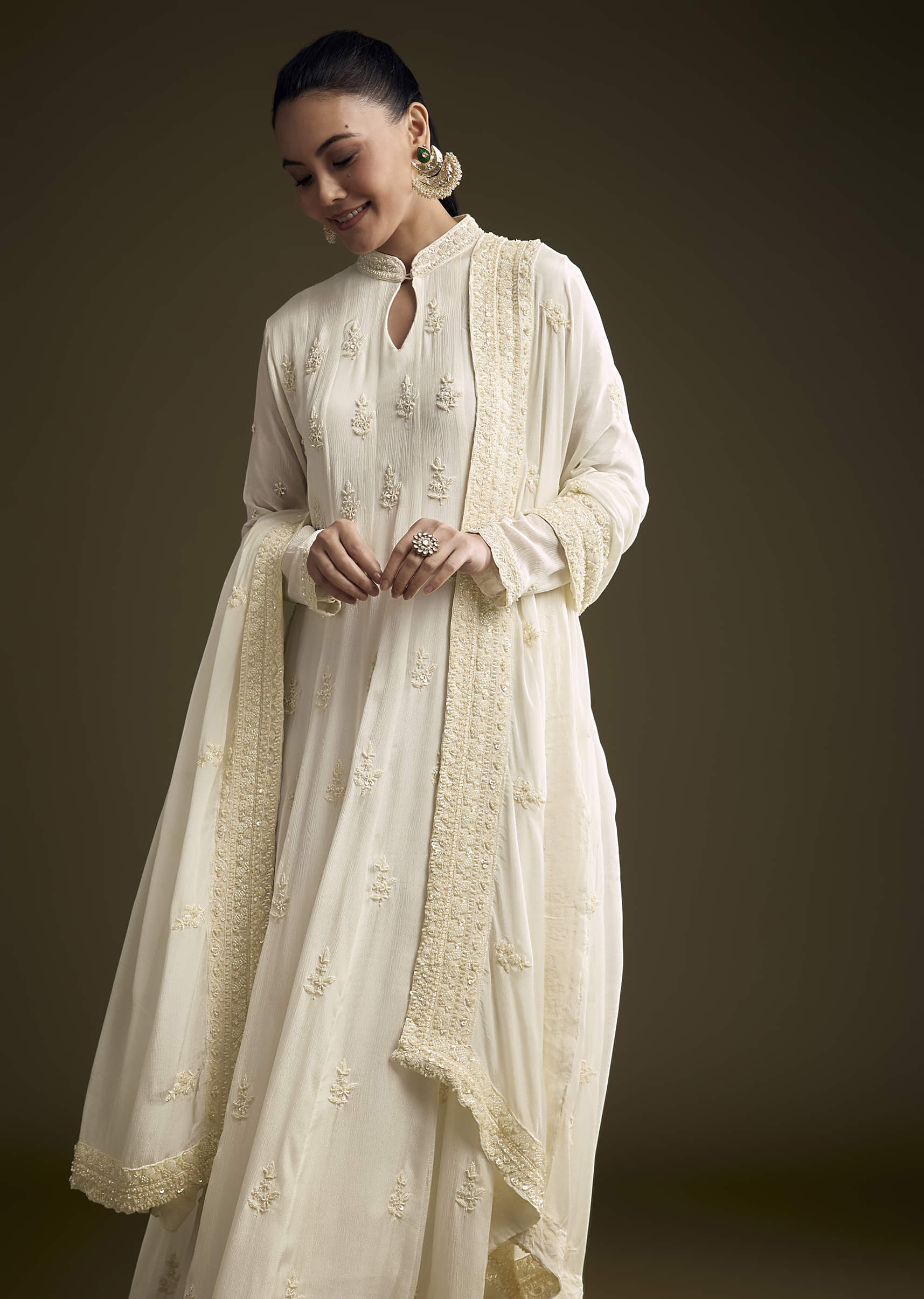 White Chinon Anarkali Suit With Heavy Hand Embroidery - Image 4