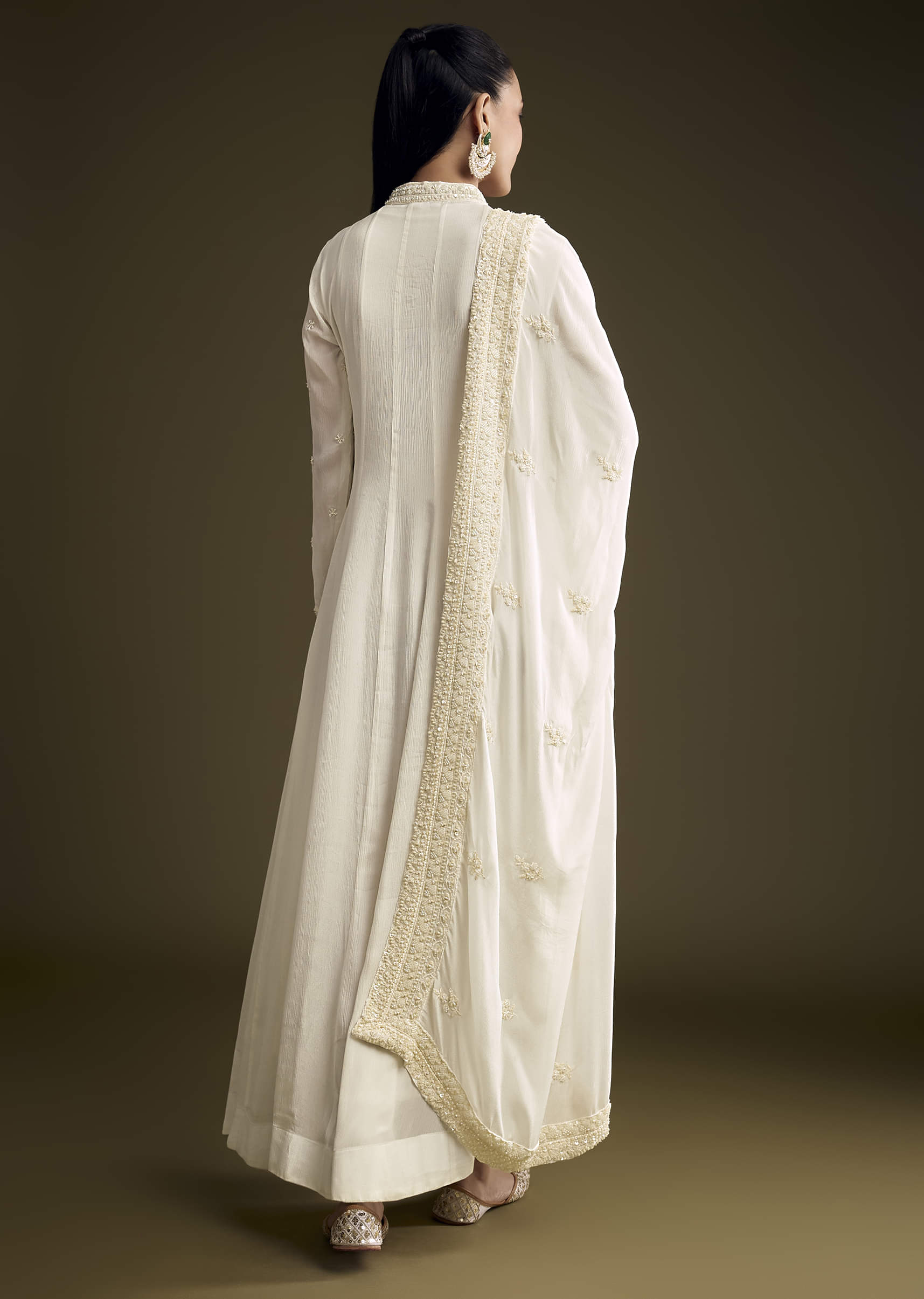 White Chinon Anarkali Suit With Heavy Hand Embroidery - Image 5
