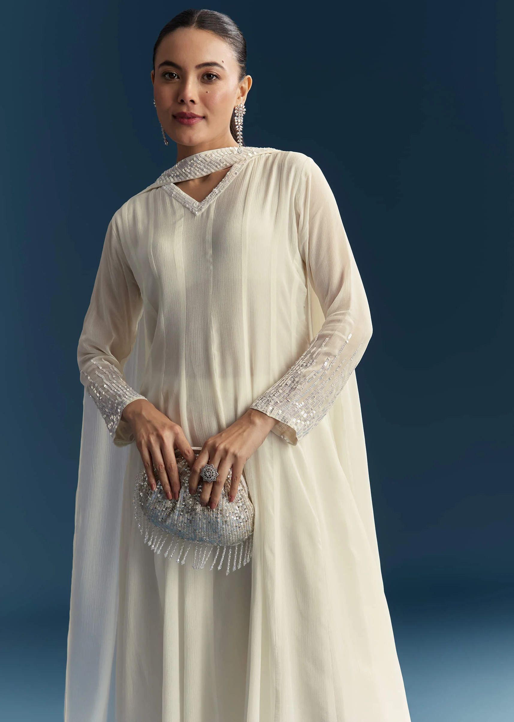 White Chinon Anarkali Suit With Sequins Work - Image 4