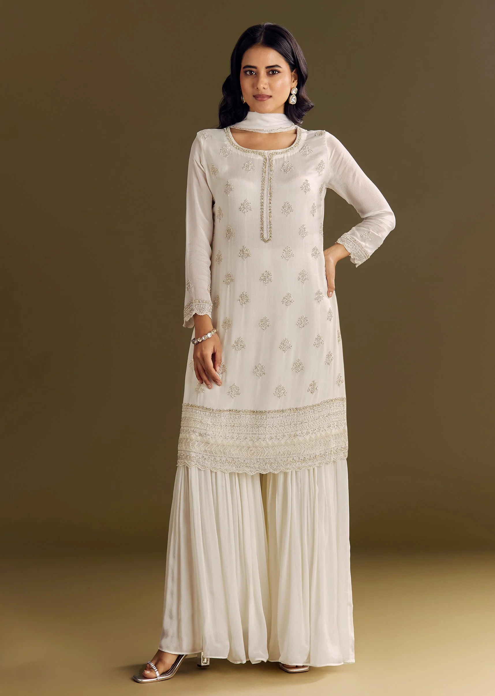 White Chinon Cutdana Kurta Sharara With Moti Work Dupatta - Image 2