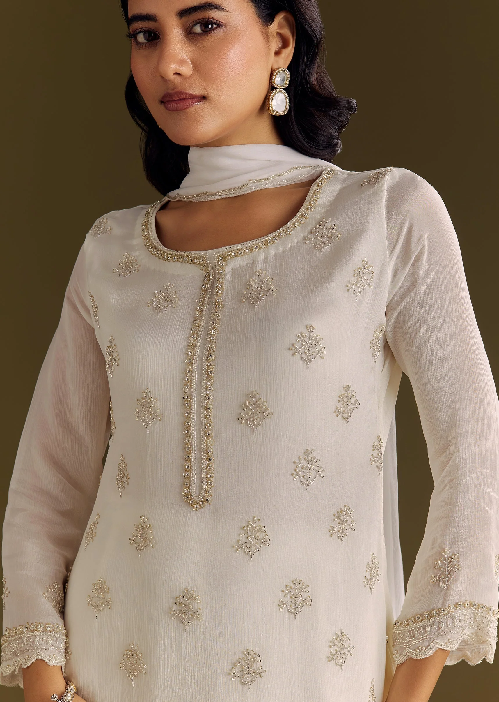 White Chinon Cutdana Kurta Sharara With Moti Work Dupatta - Image 3