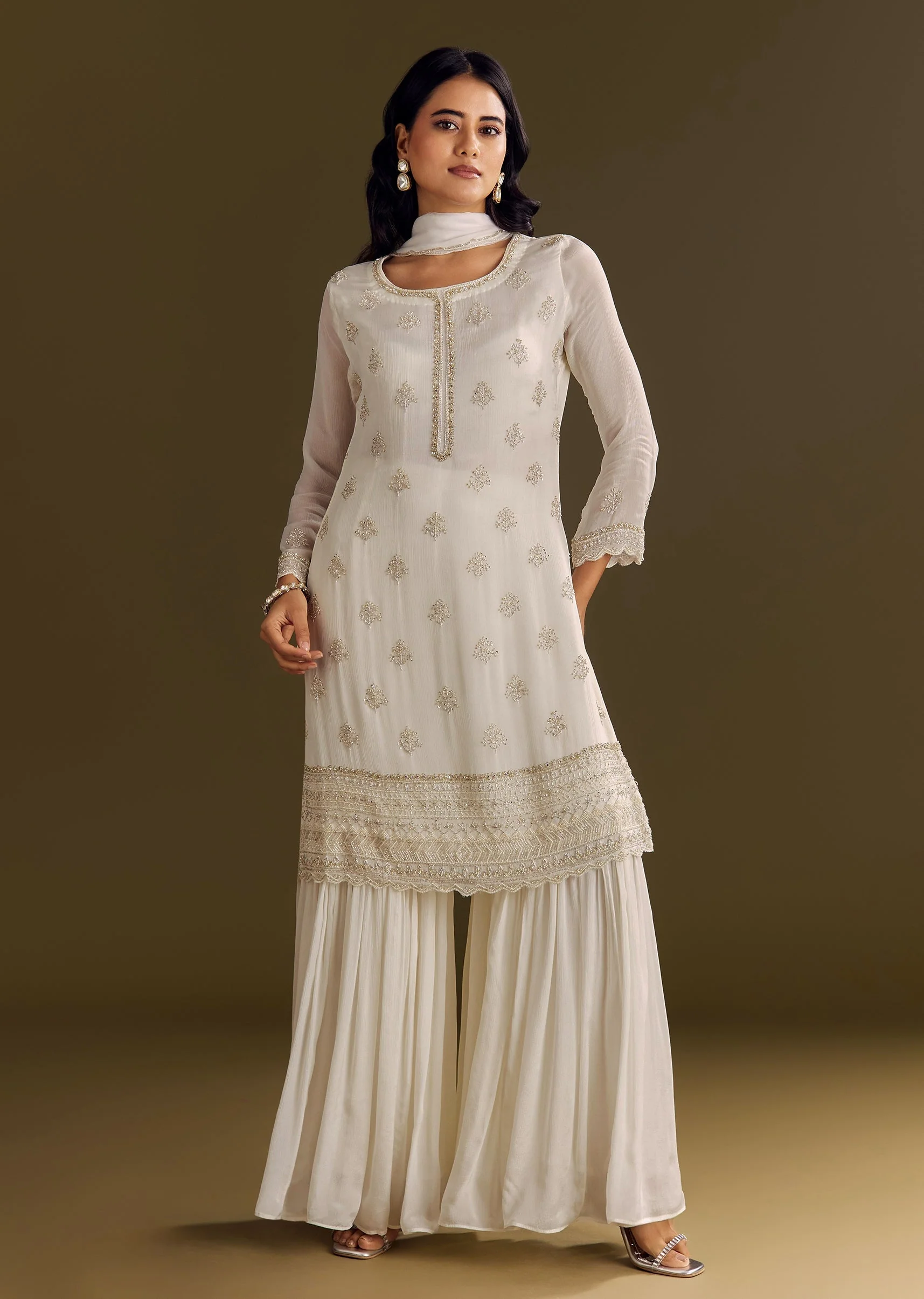White Chinon Cutdana Kurta Sharara With Moti Work Dupatta - Image 4