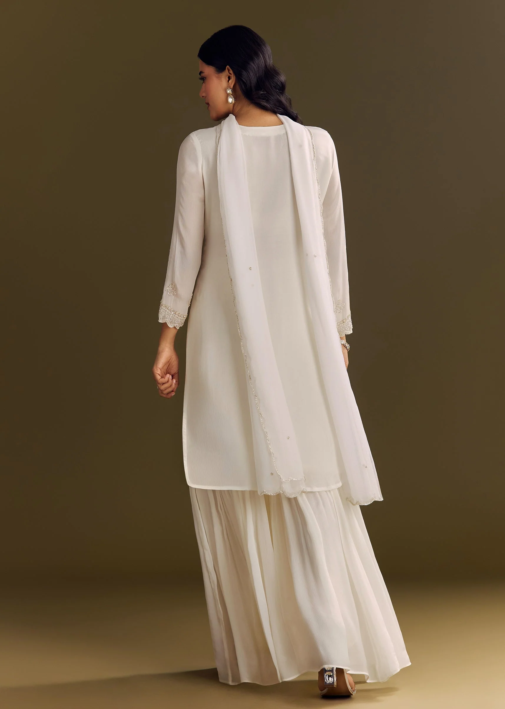 White Chinon Cutdana Kurta Sharara With Moti Work Dupatta - Image 5