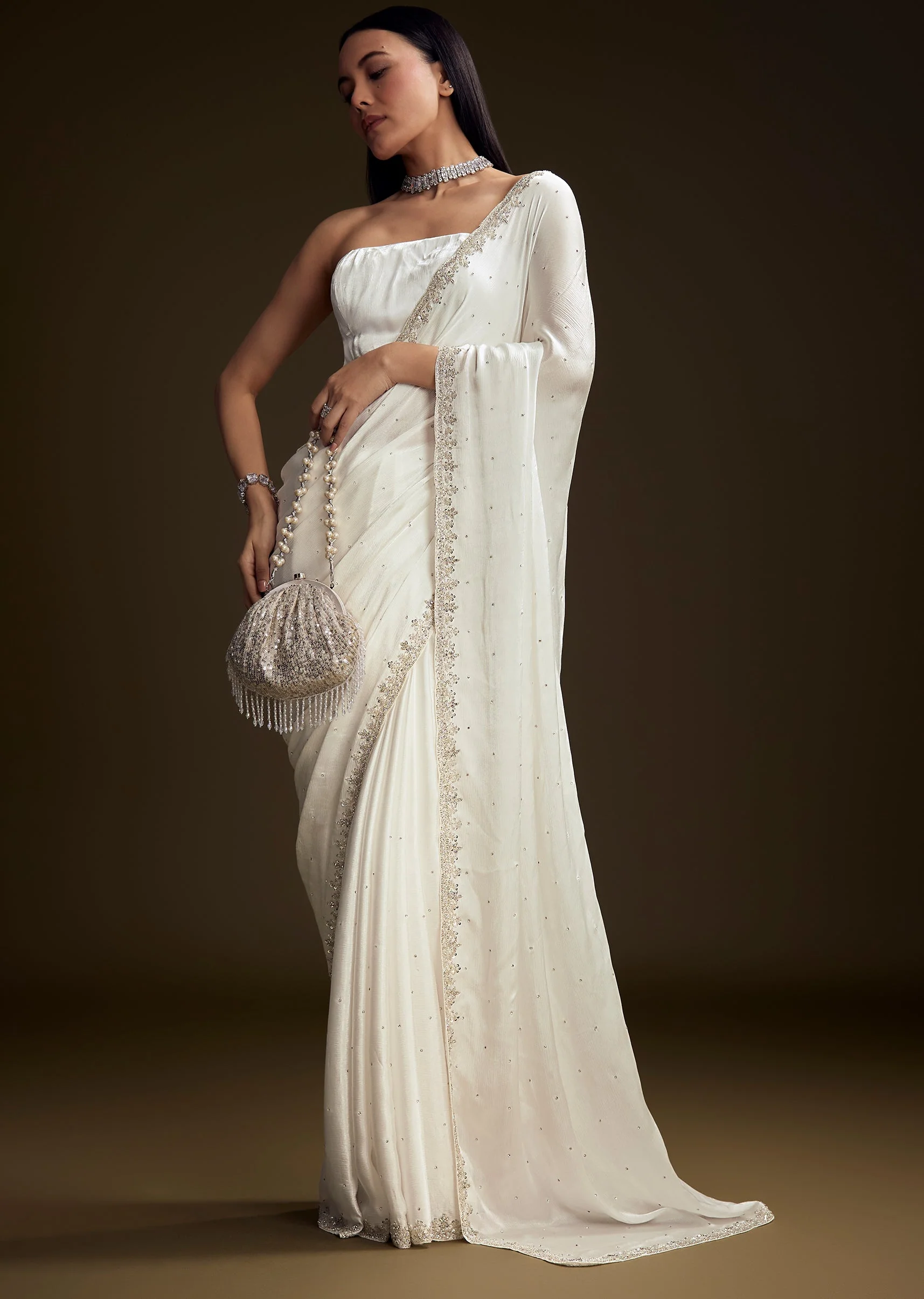 White Chinon Saree With Stone And Sequin Embroidery - Image 2
