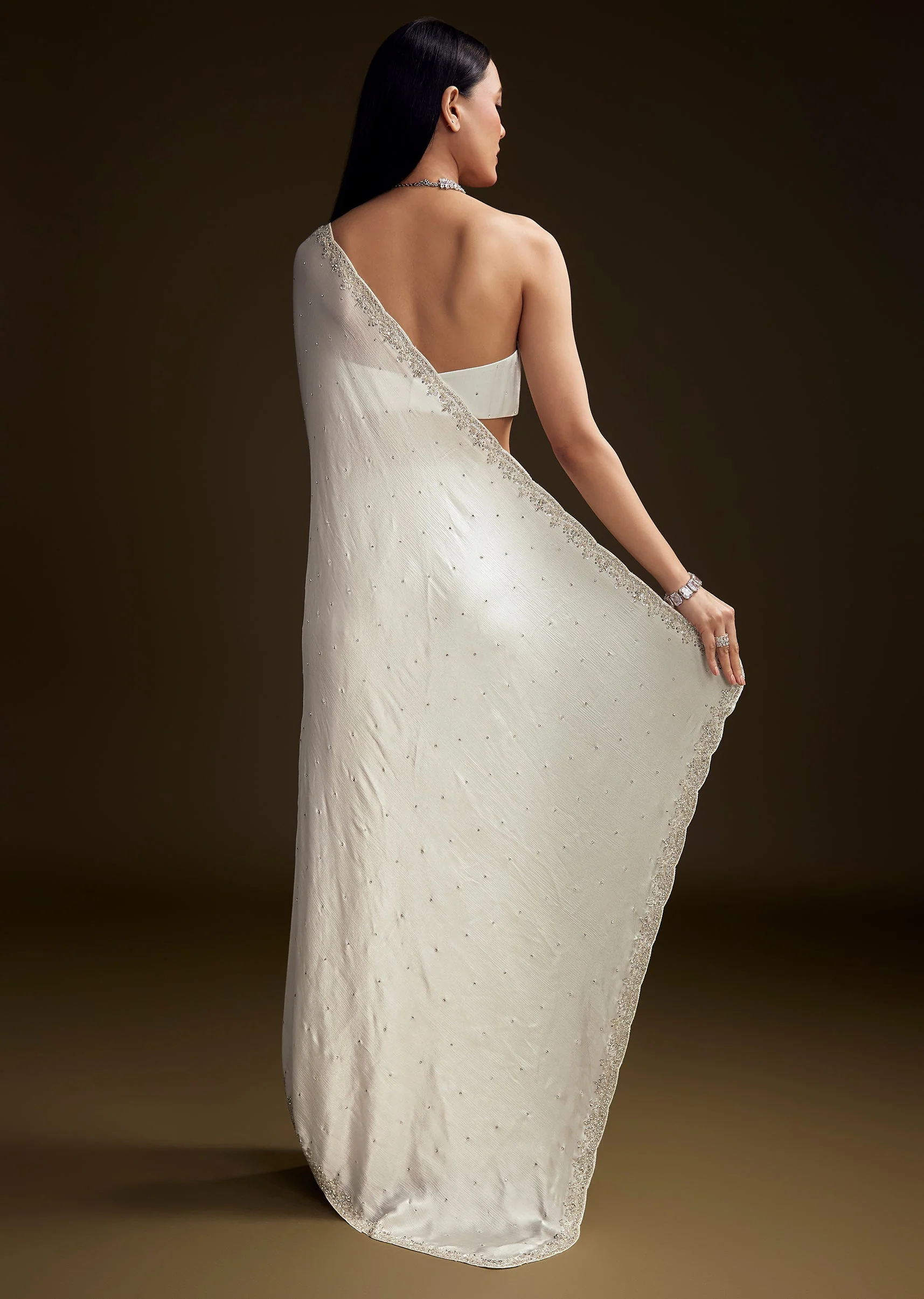 White Chinon Saree With Stone And Sequin Embroidery - Image 4