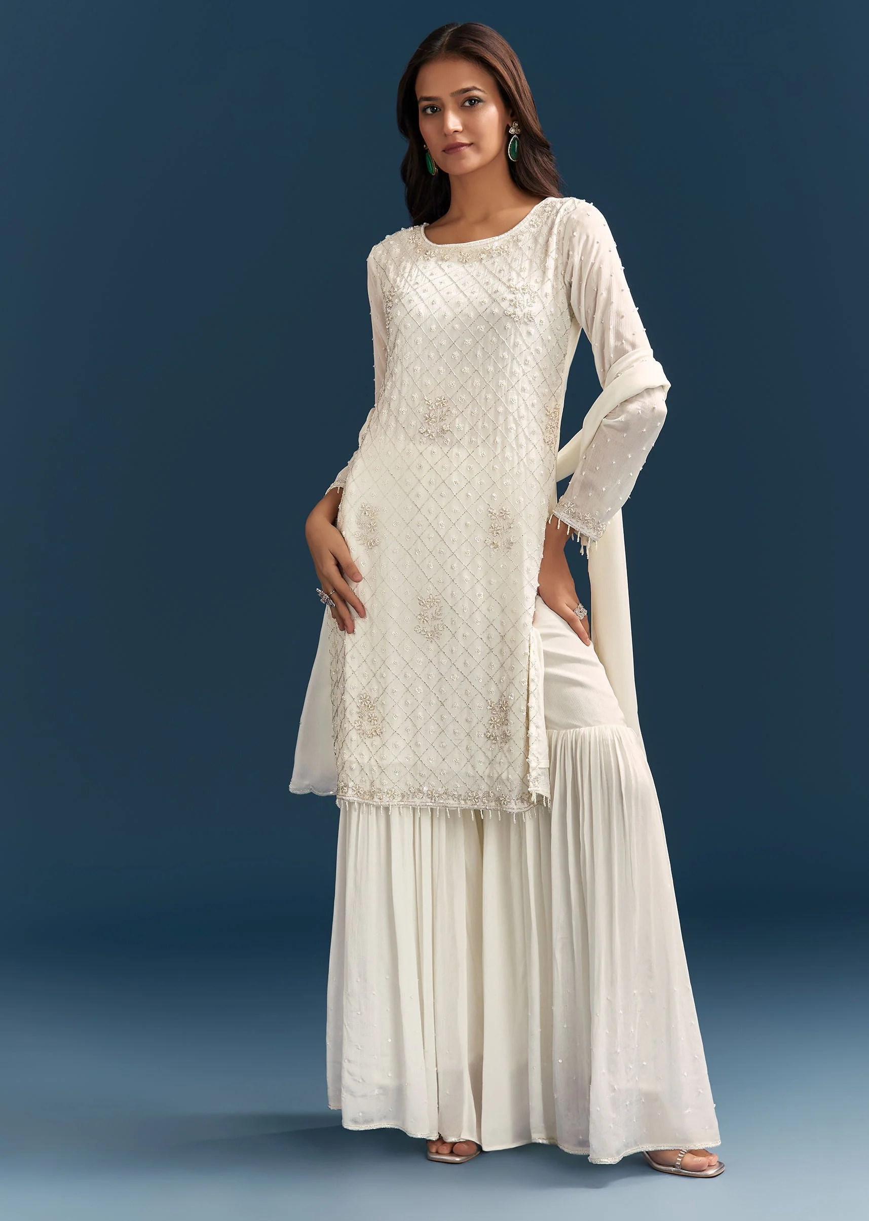 White Chinon Sharara Suit With Sequins Moti And Cut Dana Detailing - Image 3