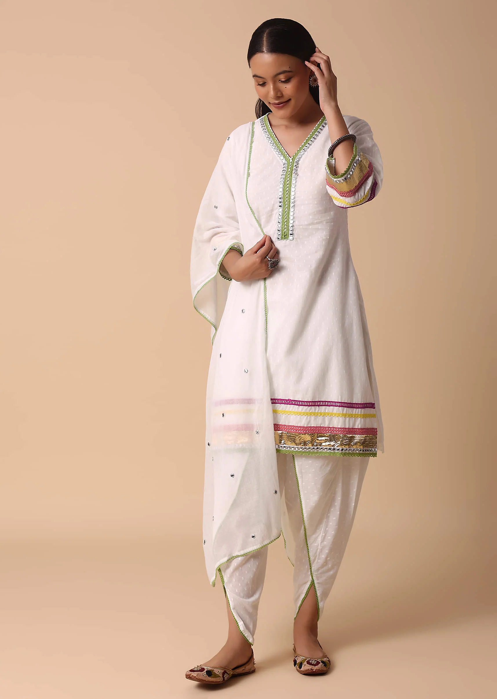 White Cotton Kurta Dhoti Set - Image 6